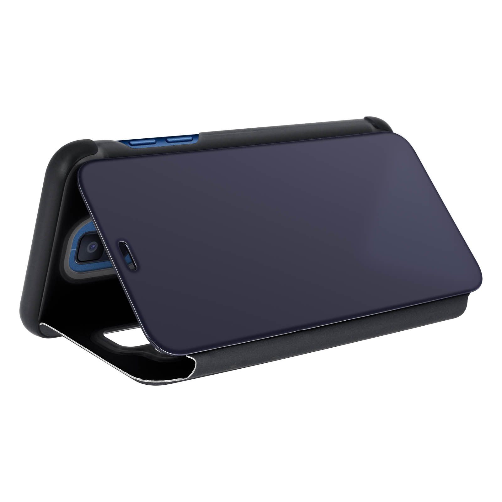 Custodia per telefono nera con copertura, in piedi su una superficie. Schermo blu scuro visibile.