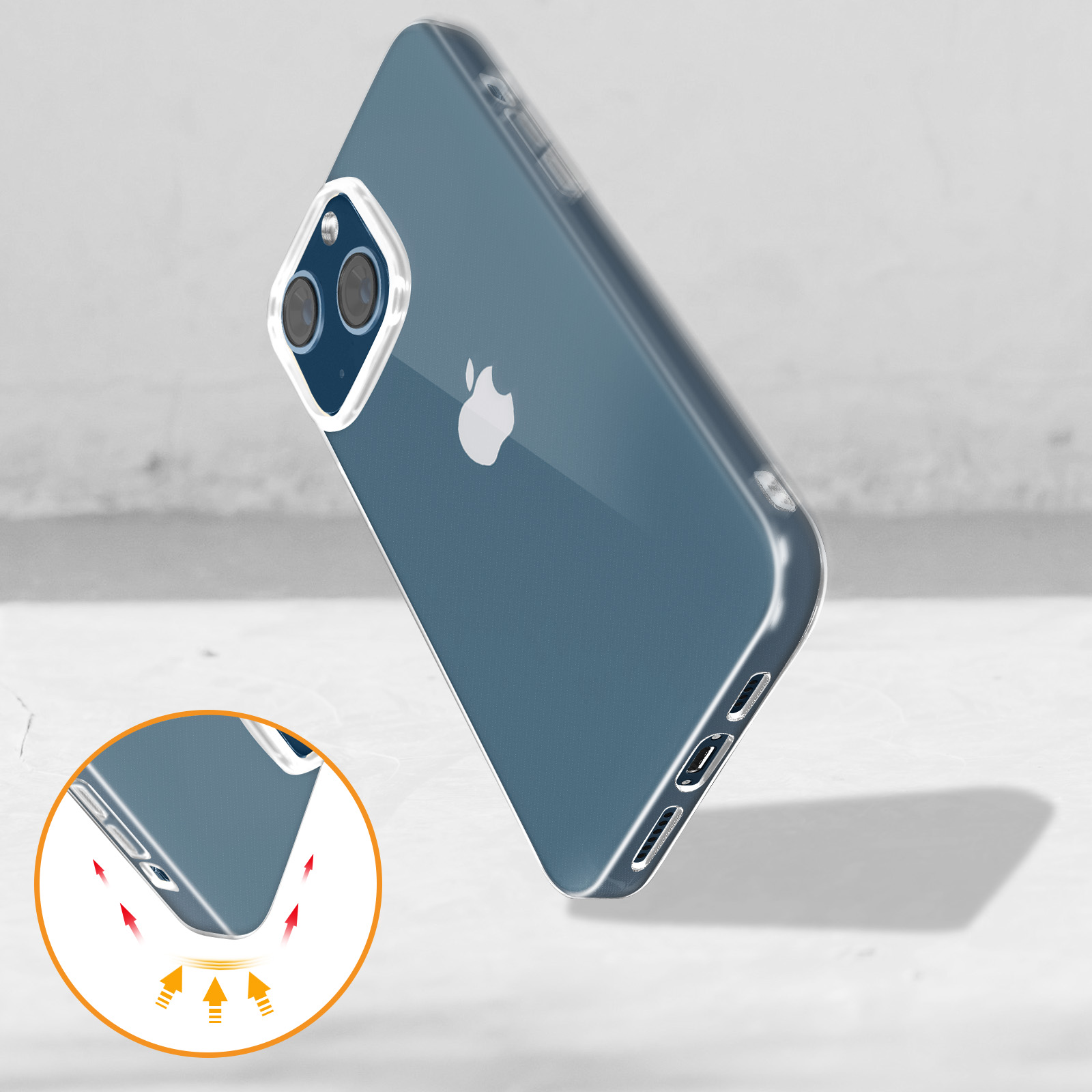 Custodia trasparente per telefono, con un telefono all'interno, con il logo Apple e un'area evidenziata.
