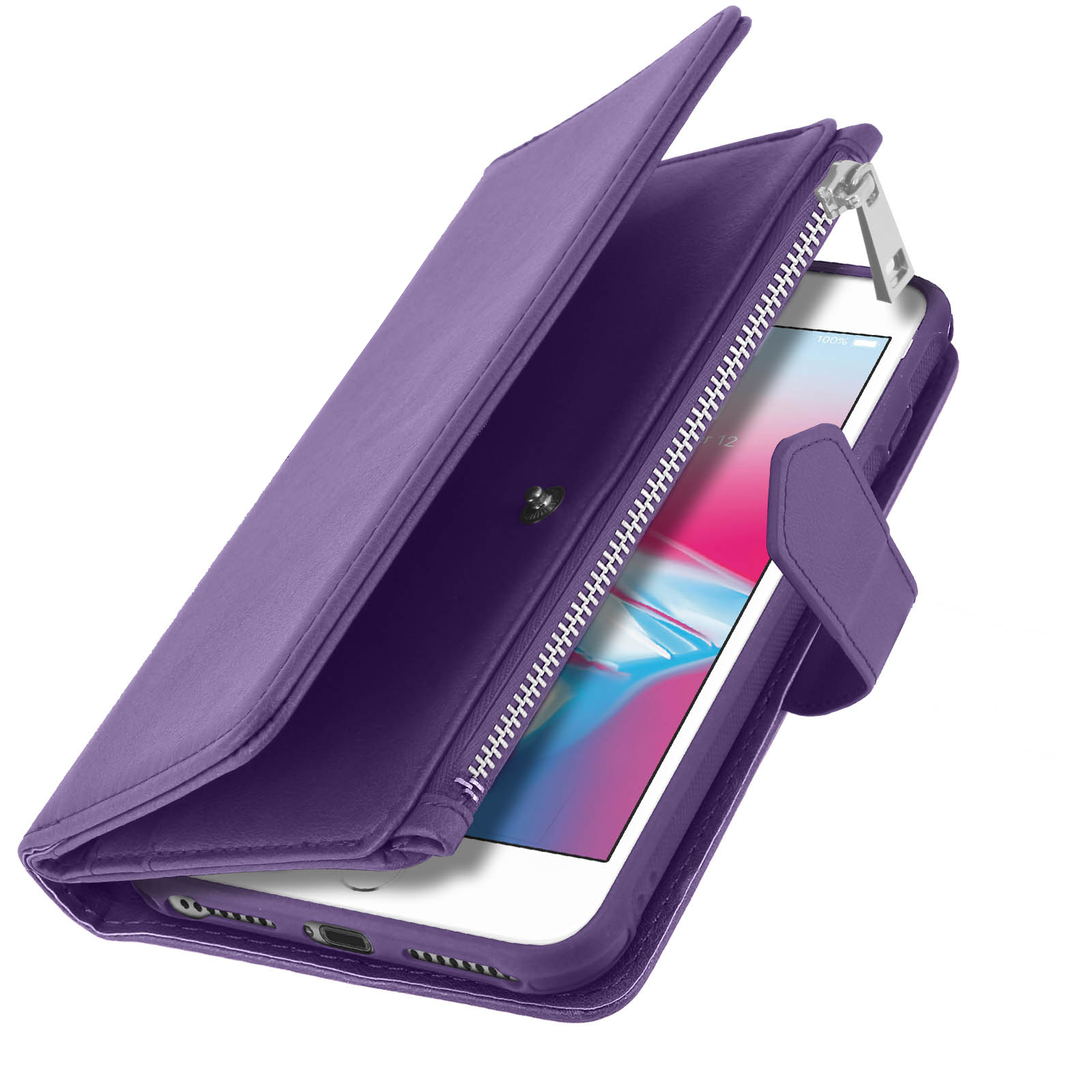 Un portafoglio viola per telefono è aperto, rivelando un telefono. Il portafoglio ha una cerniera e uno sfondo bianco è visibile.