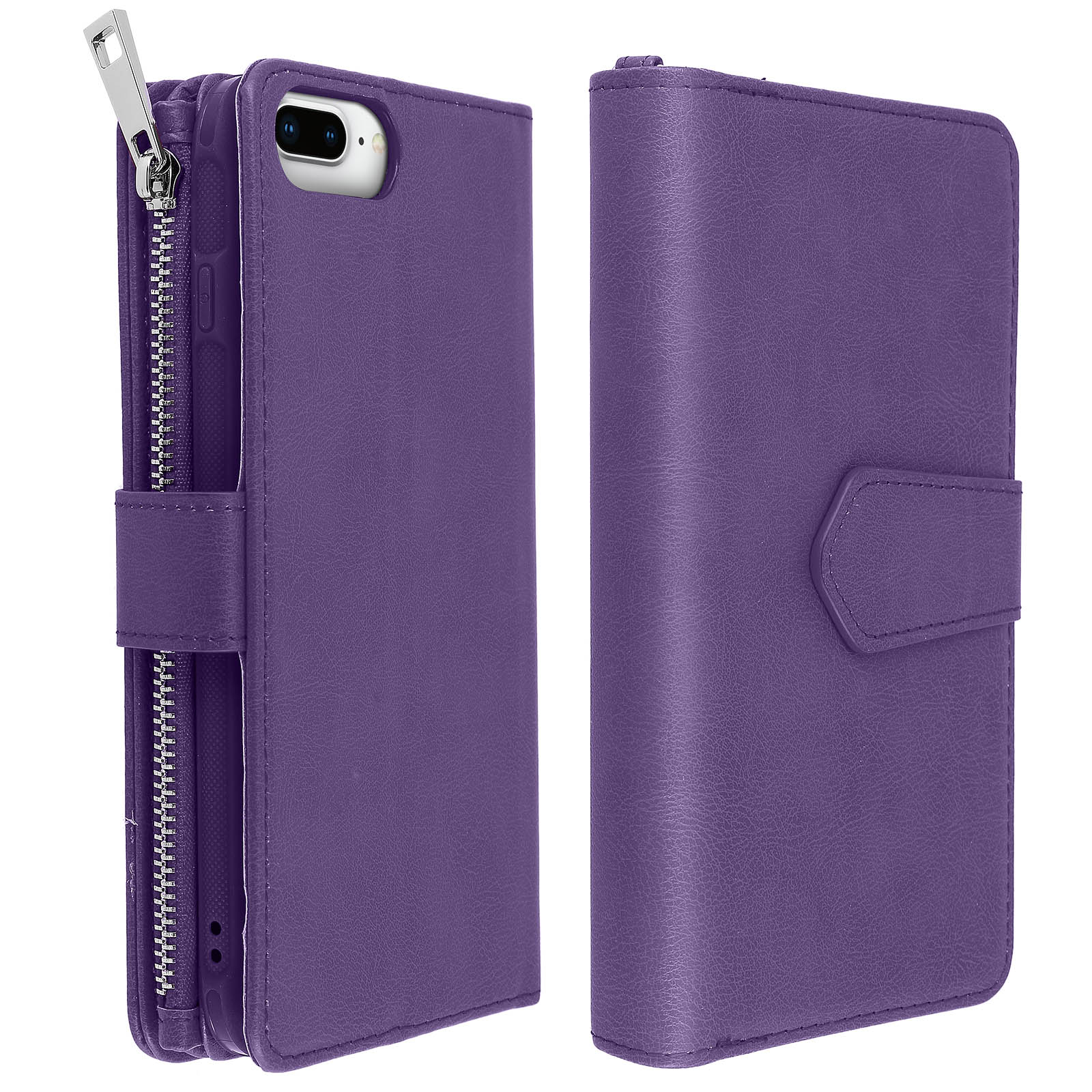 Una custodia viola con cerniera e patta, aperta per mostrare il telefono e gli slot per schede.