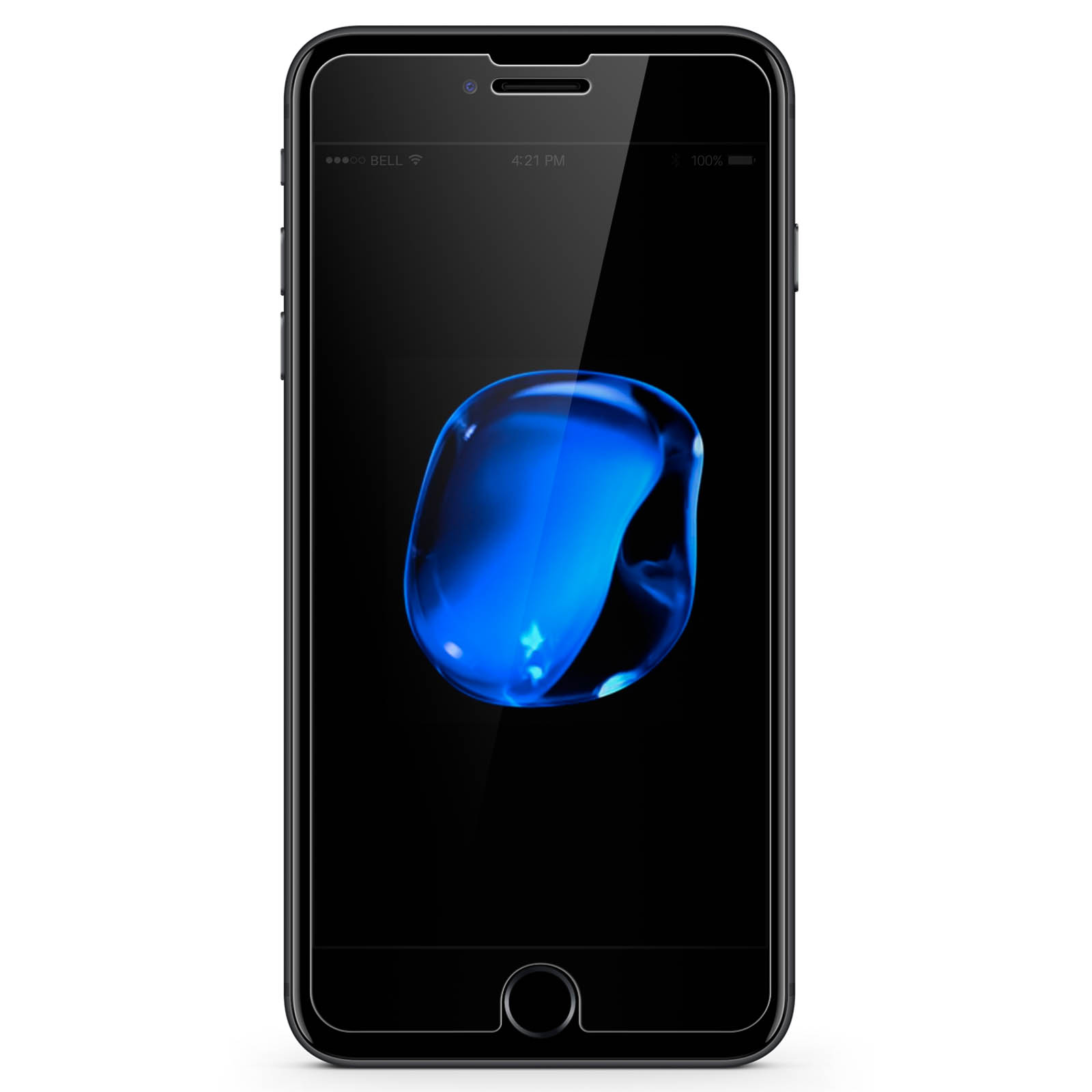 iPhone nero con design blu sullo schermo.