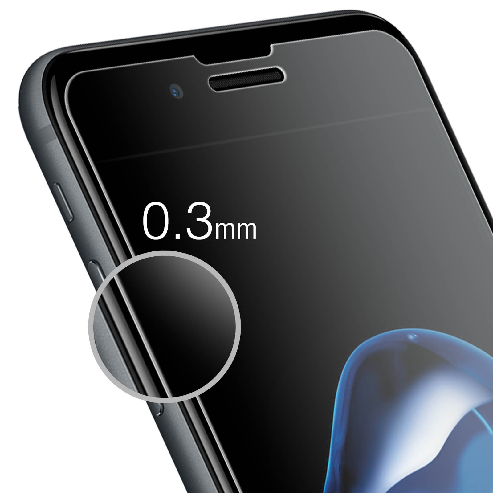 Primo piano di una protezione schermo. Testo 0,3 mm. Telefono nero. Sfondo bianco.