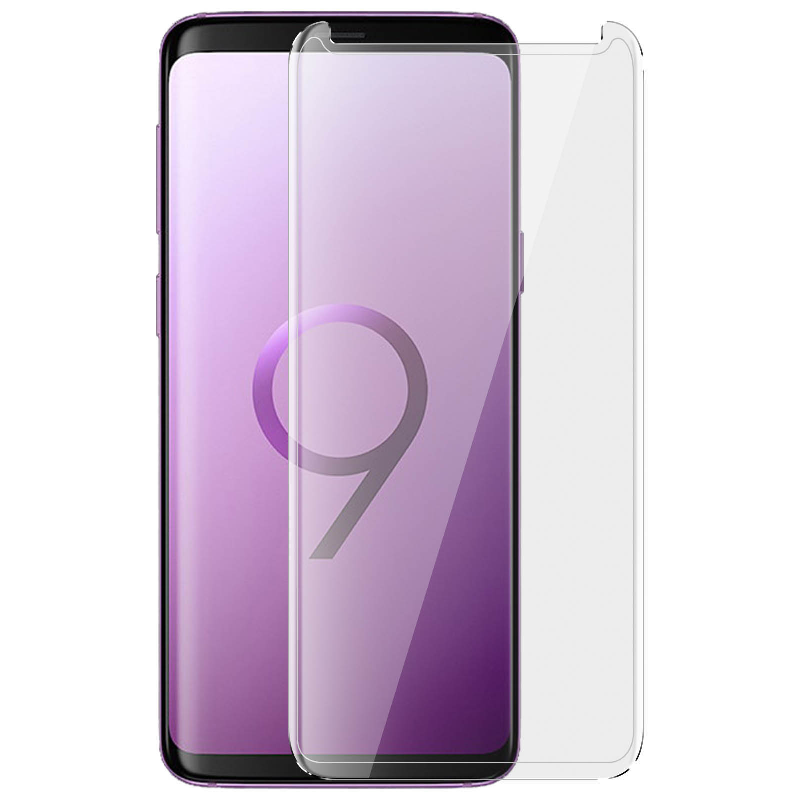 Smartphone viola con protezione schermo. Il telefono ha un retro viola. La protezione è trasparente.