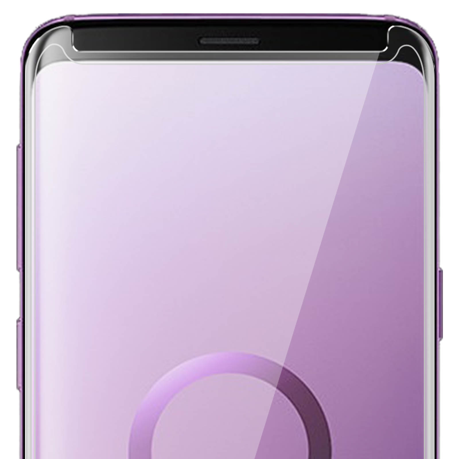 Un primo piano dello schermo di un telefono con una protezione per lo schermo, con uno sfondo viola.