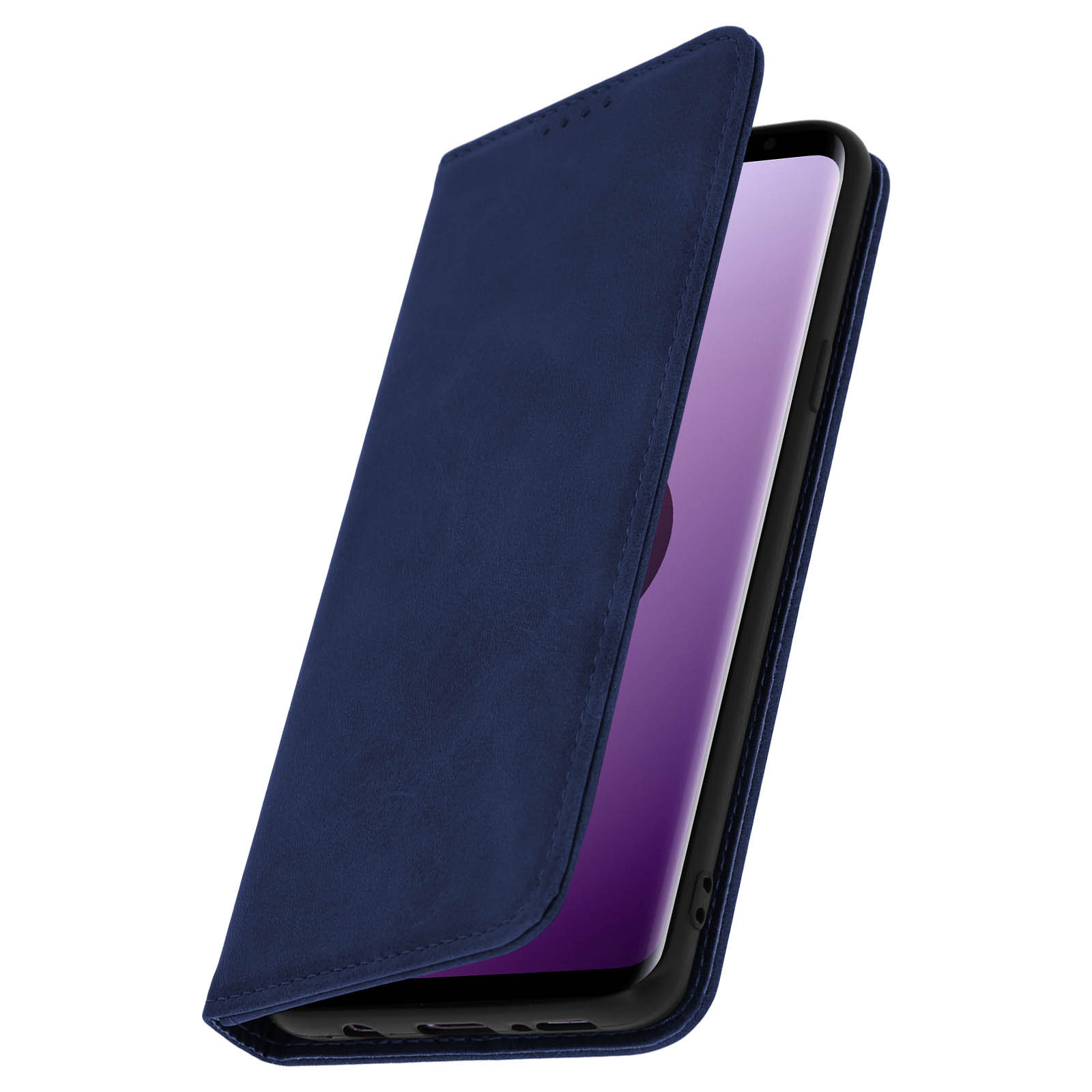Custodia blu per telefono con il telefono all'interno. La custodia è aperta.