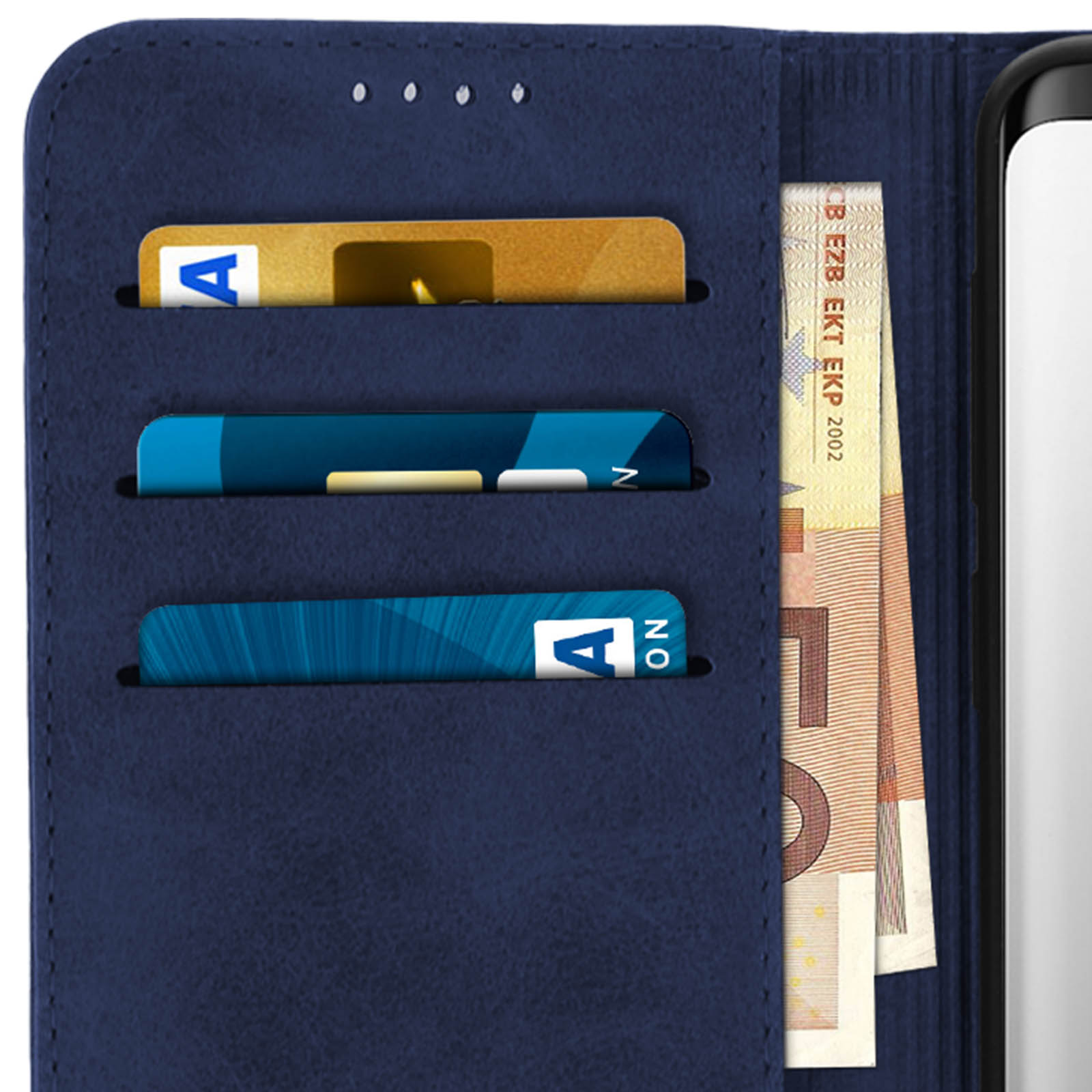 Custodia blu aperta con carte e denaro. Il telefono non è visibile.