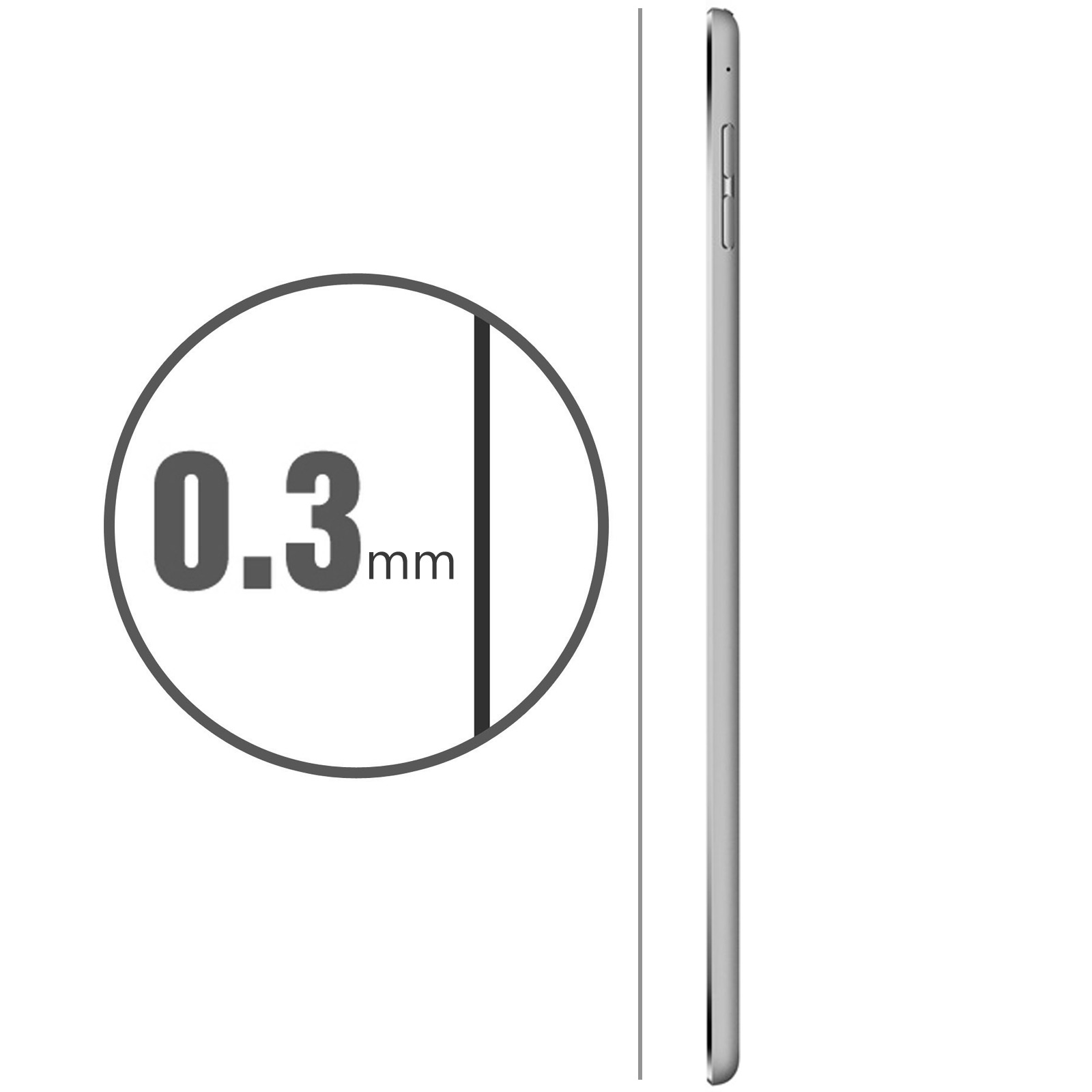 Vista laterale del tablet, con un cerchio che mostra lo spessore di 0,3 mm. Colore grigio.