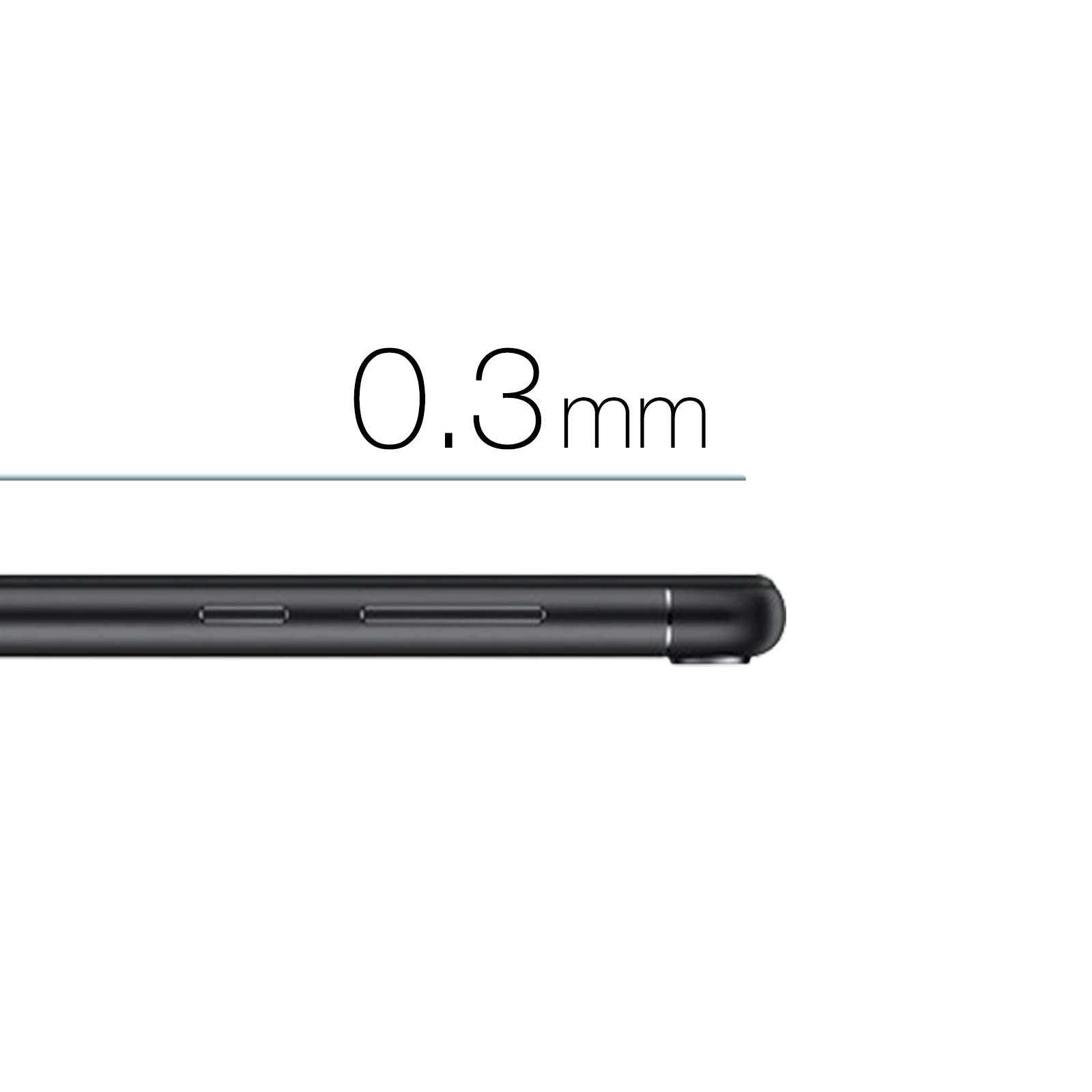 Primo piano del lato di un telefono. Il testo "0,3 mm" e una linea sono mostrati sopra il telefono.