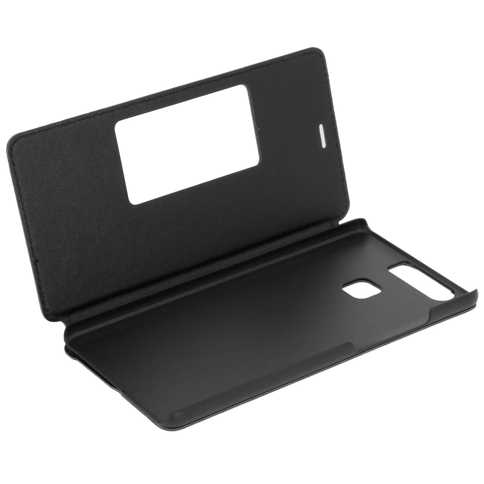Custodia per telefono nera, aperta, con finestra per il display.