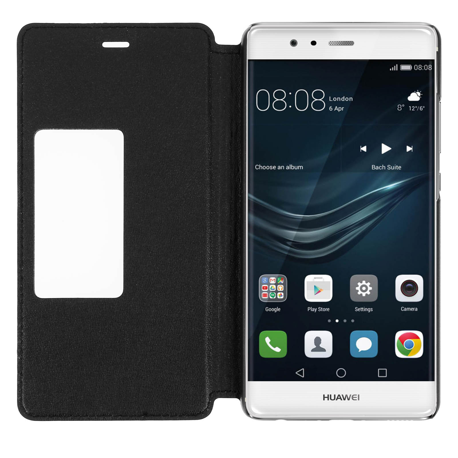 Uno smartphone in una custodia nera, con una finestra aperta che mostra l'ora e la data.