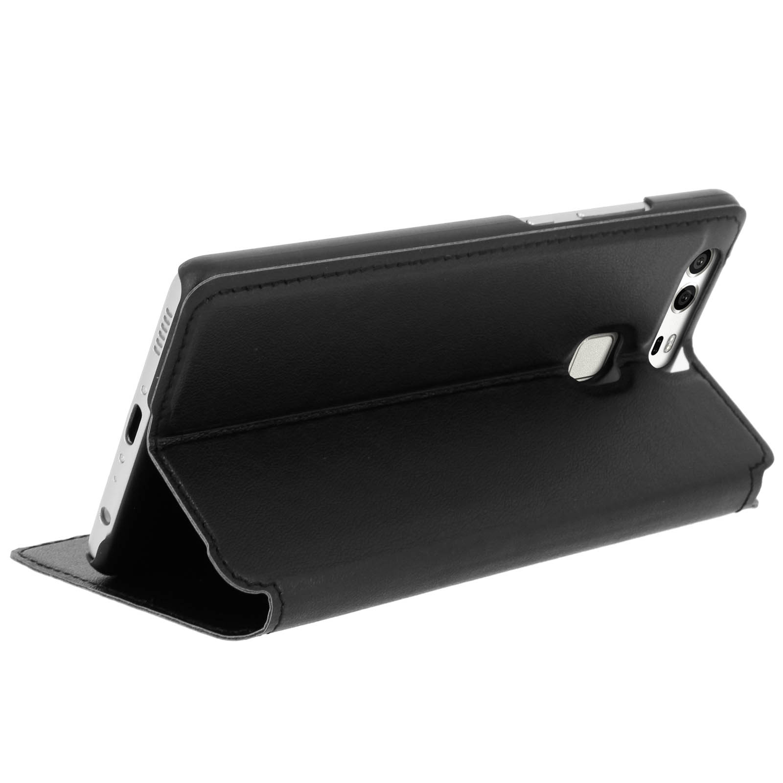 Una custodia nera per telefono è aperta, rivelando il lato e la fotocamera del telefono. La custodia è in pelle.