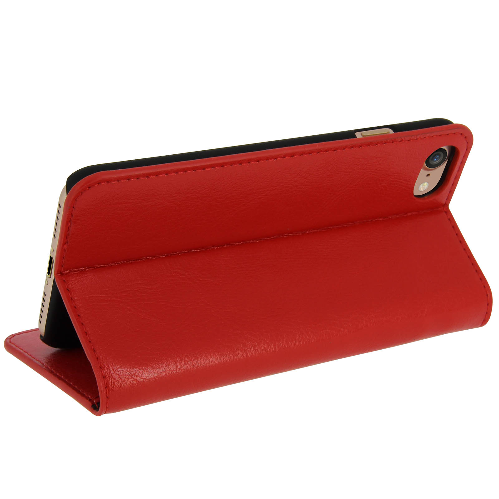 Custodia rossa con telefono dentro. Il telefono è aperto su una superficie bianca. La custodia ha un supporto.