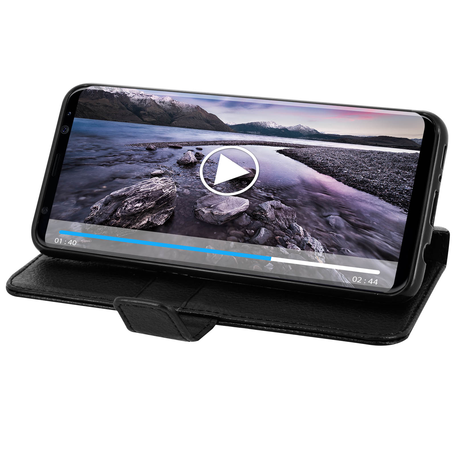 Un telefono in una custodia a libro che mostra un video con un ponte sullo sfondo.