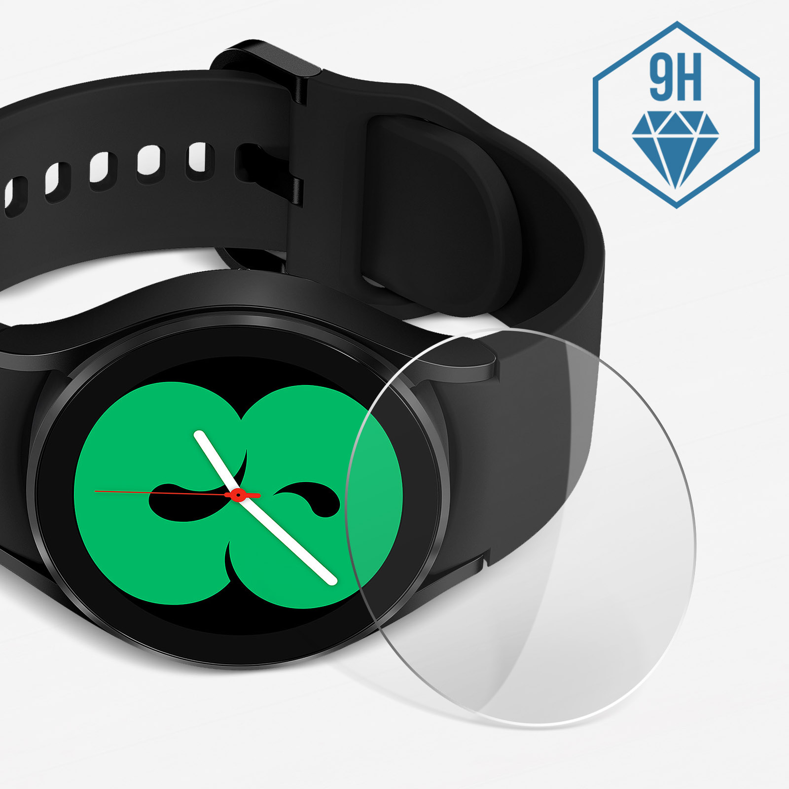 Smartwatch con protezione schermo. Cinturino nero. Sfondo bianco. Icona diamante 9H.