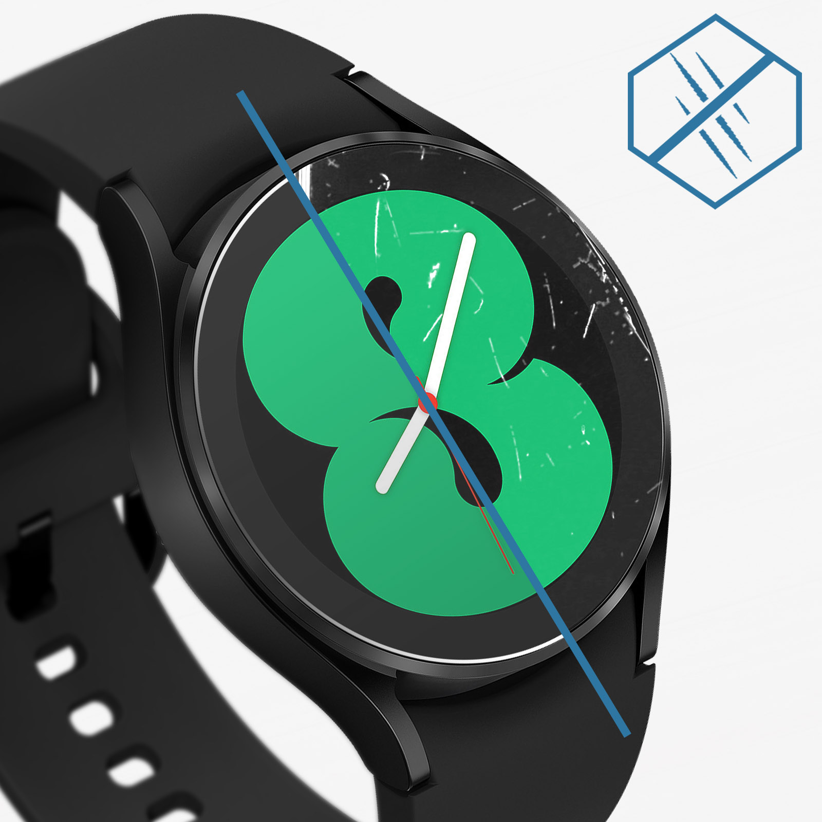 Quadrante di smartwatch nero con design circolare verde e bianco, una linea blu trasversale.