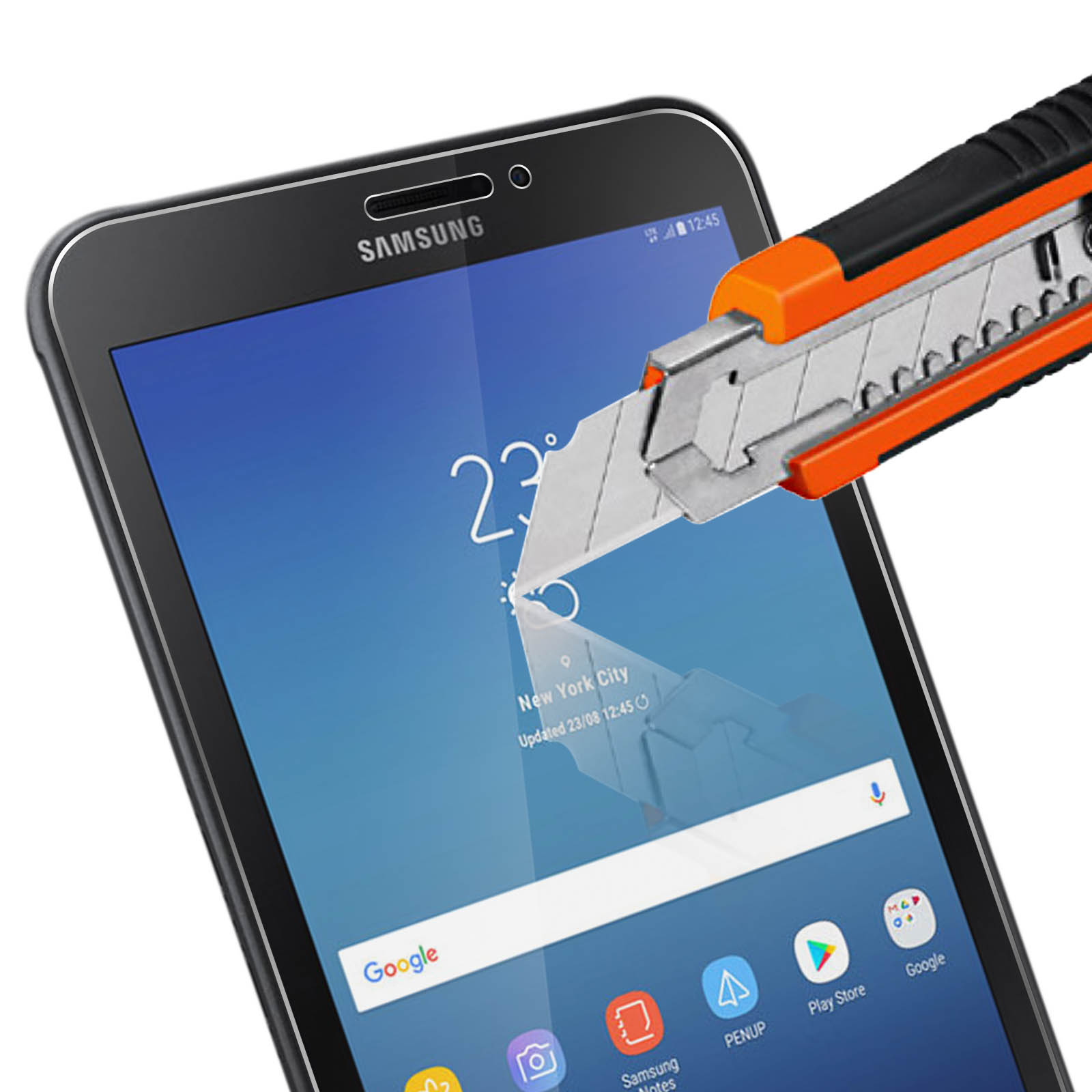 Uno schermo del tablet con un calendario viene tagliato con un taglierino arancione e nero.
