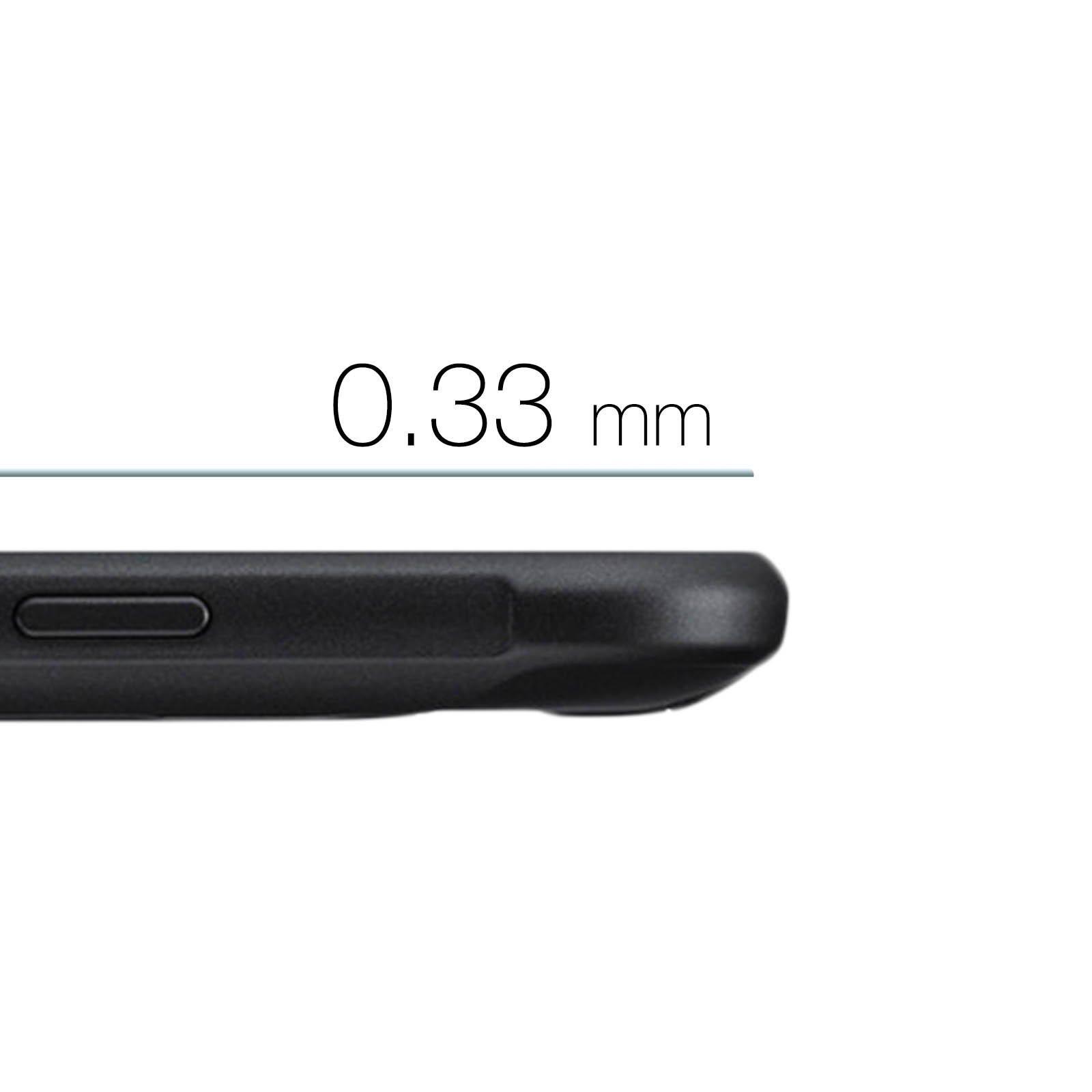 Primo piano del bordo di un telefono, con il testo "0,33 mm" scritto sopra.