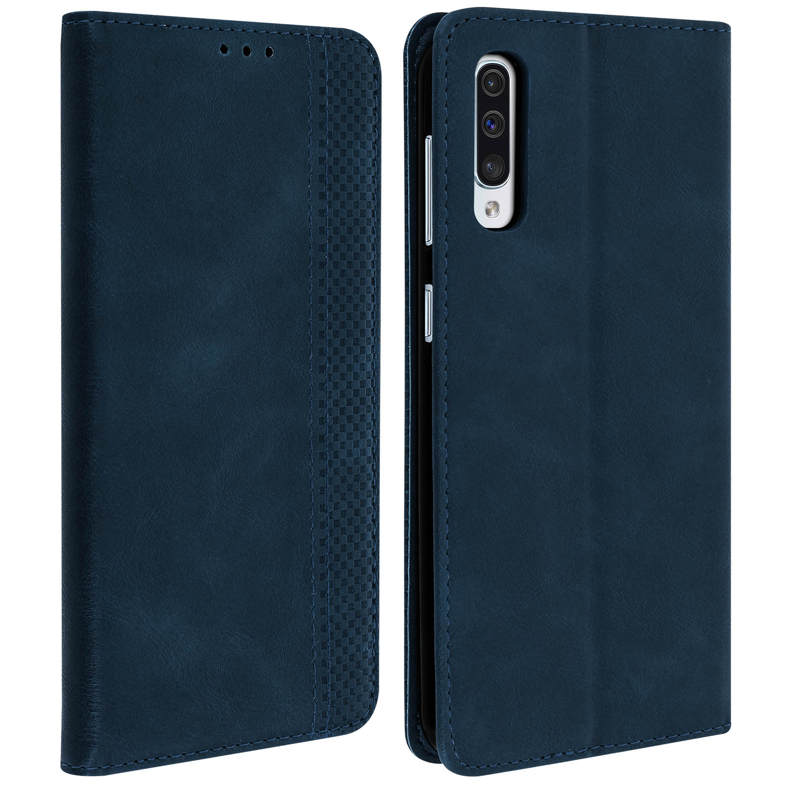 Custodia blu navy aperta, mostra telefono con fotocamere e pulsanti.