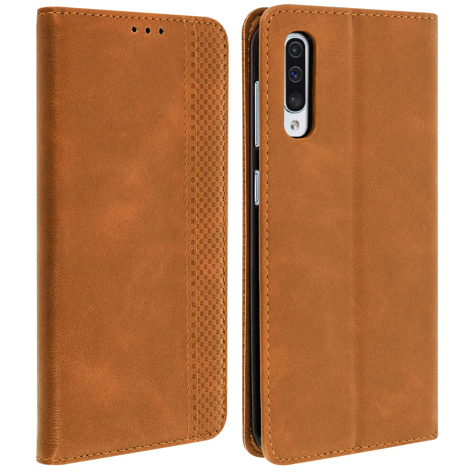 Custodia in pelle marrone, aperta. Interno con fessure per carte e telefono. Aperta a destra.