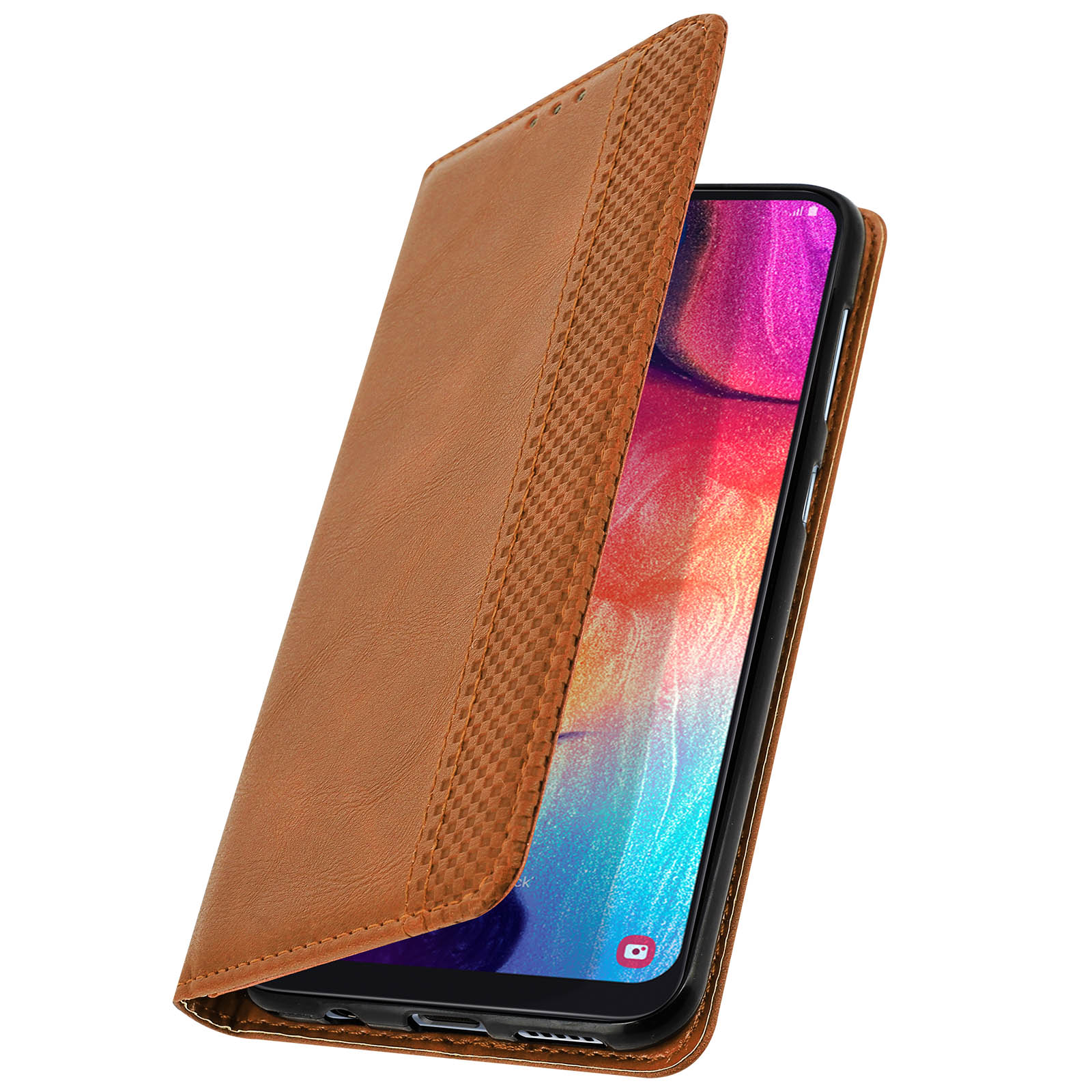 Custodia marrone aperta con un telefono. Lo schermo del telefono è visibile. La custodia ha un design strutturato.