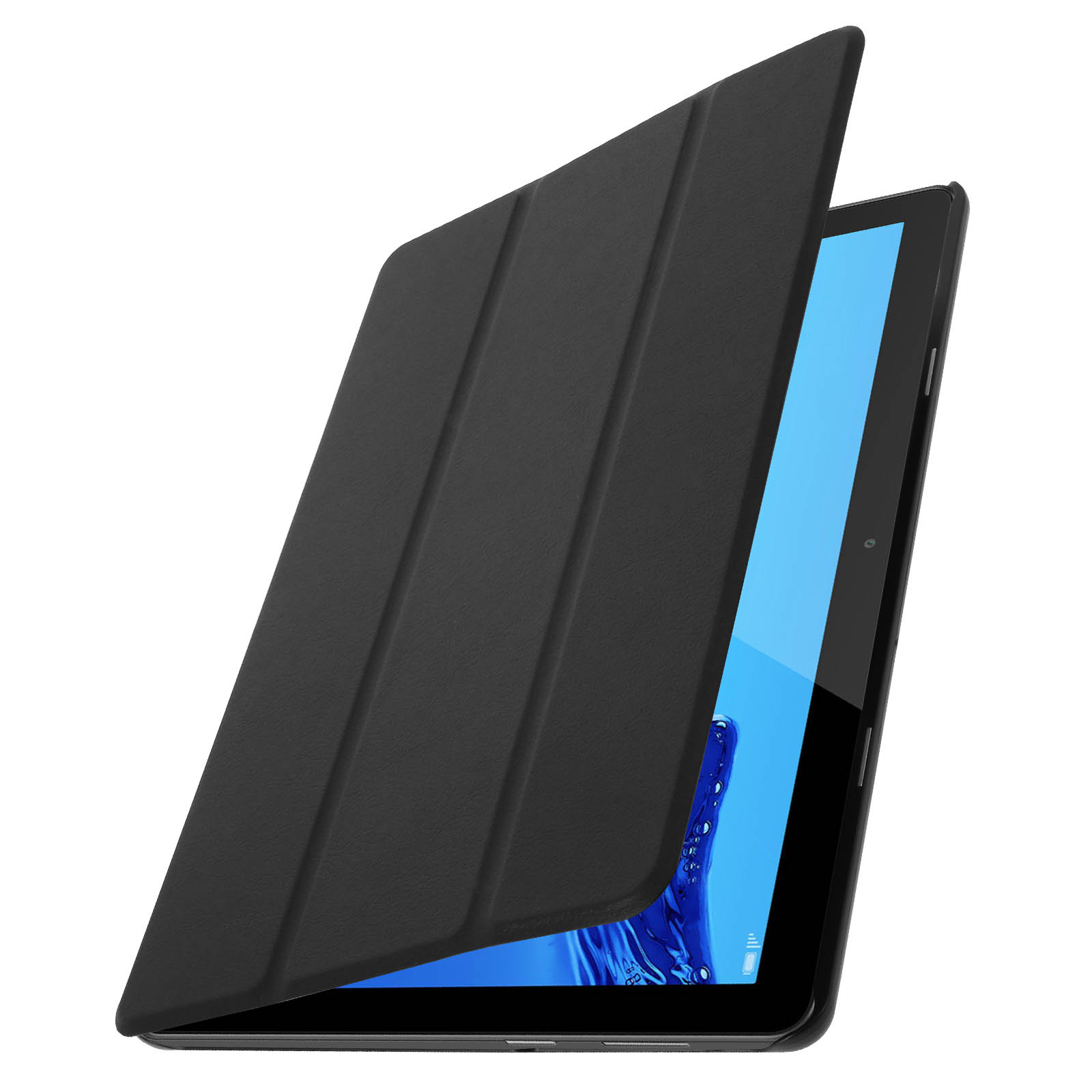 Tablet nero con cover nera parzialmente aperta, che mostra lo schermo. Sfondo bianco.