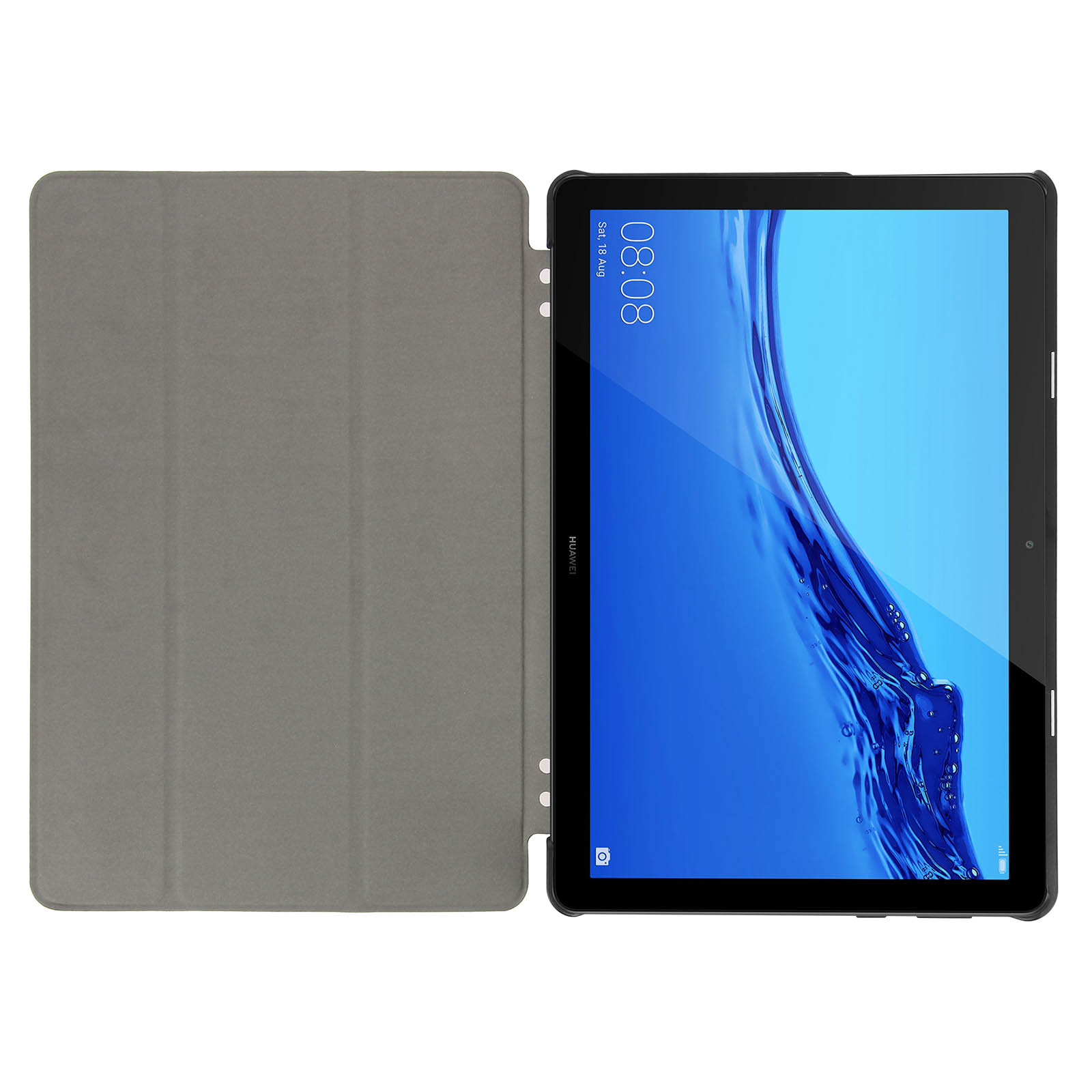 Tablet in una custodia grigia, aperto. Lo schermo mostra un'immagine di acqua blu.