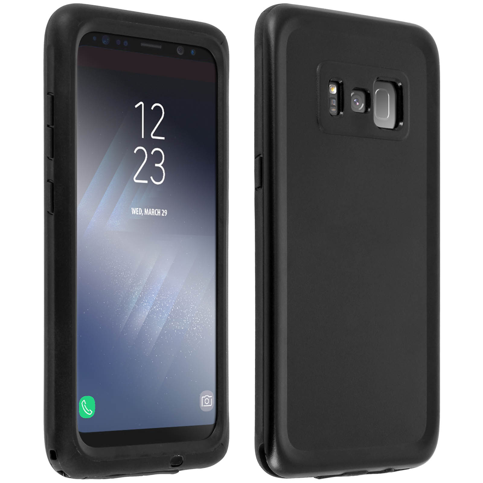 Smartphone nero in custodia nera. Lo schermo mostra ora e data. Visibile anche il retro della custodia.