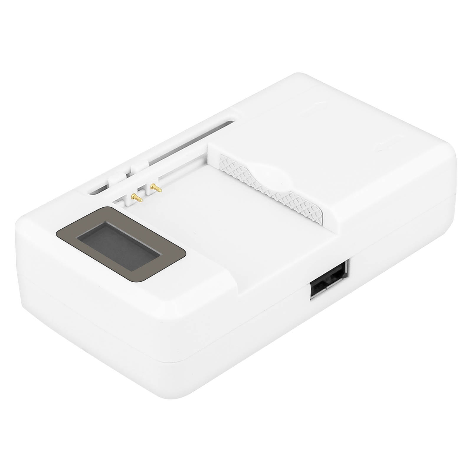 Un caricatore bianco con schermo, porta USB e pin di ricarica. È leggermente inclinato.