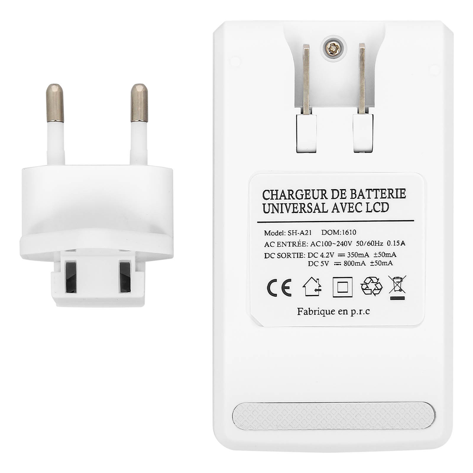 Caricabatterie bianco con spina europea e testo francese. 'CHARGEUR...'