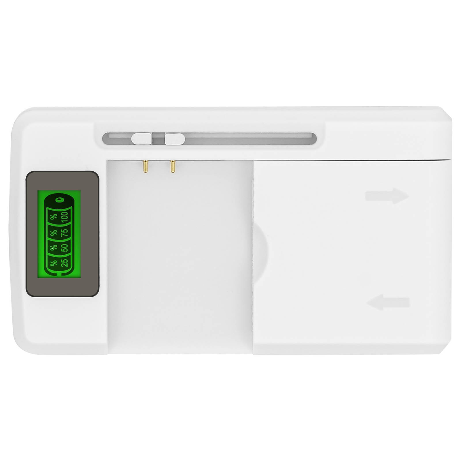Caricatore bianco con indicatore del livello della batteria. L'indicatore mostra 25%, 50%, 75% e 100%.
