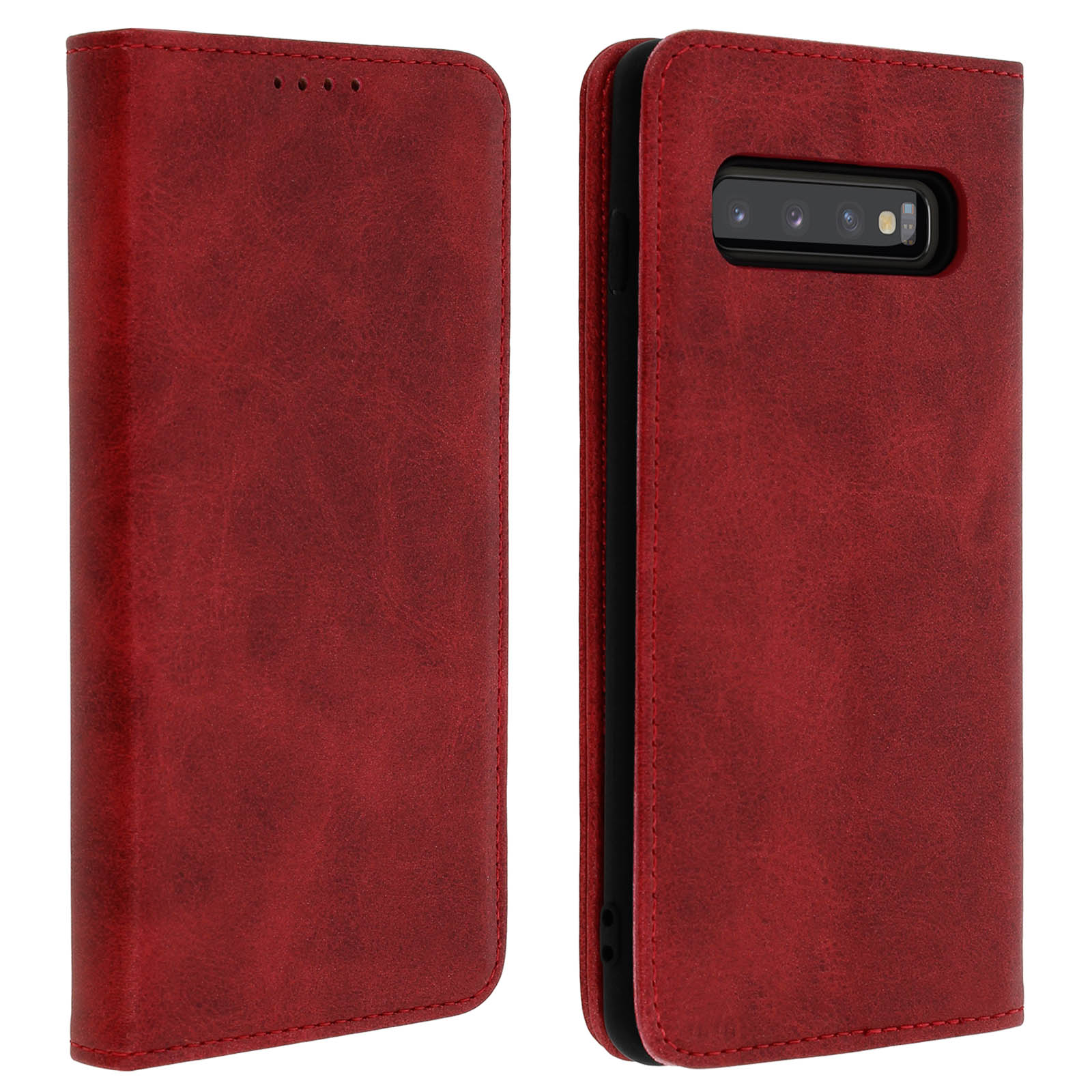 Custodia per telefono rossa, aperta e chiusa. La custodia aperta mostra la fotocamera. Sfondo bianco. Pelle rossa.