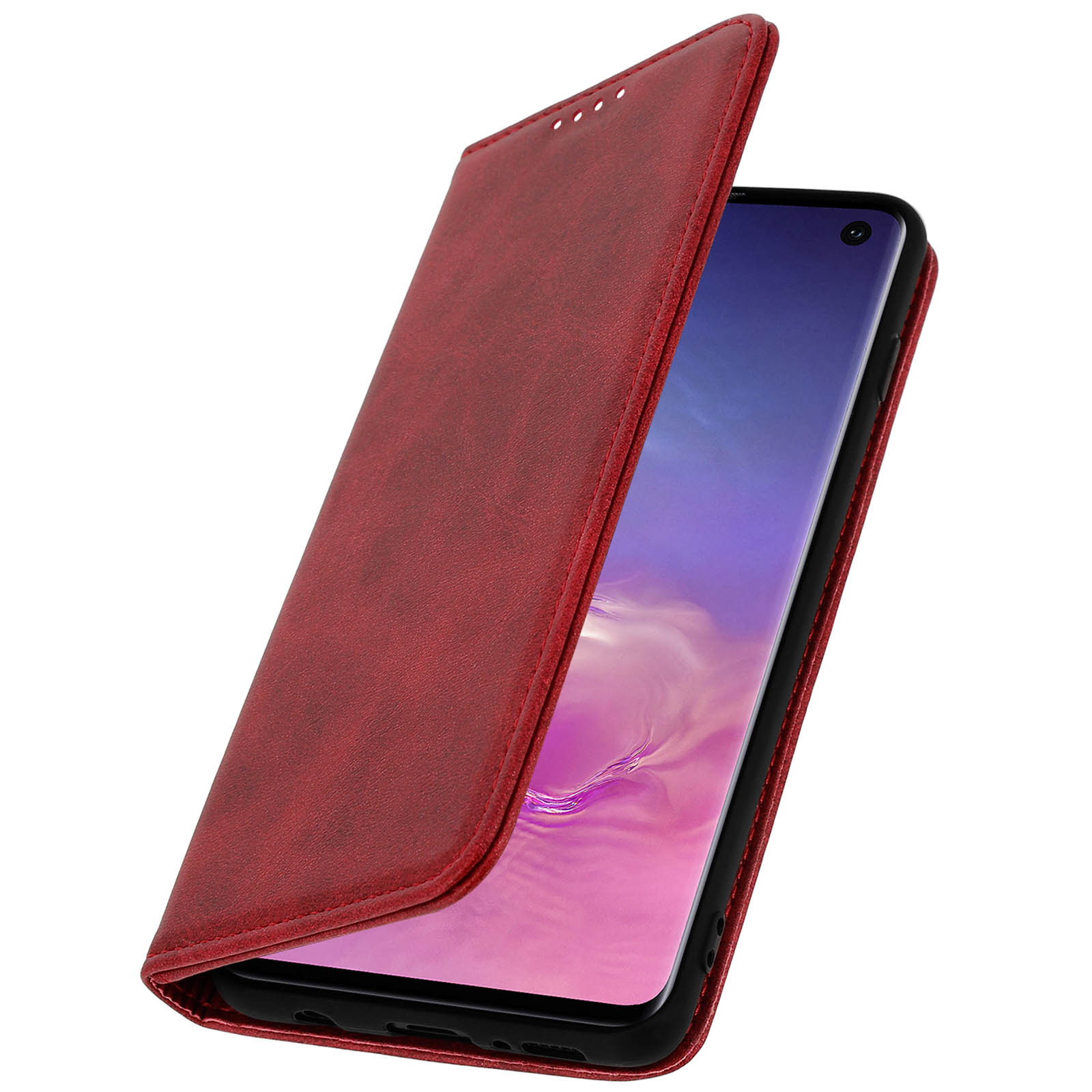Custodia rossa con telefono all'interno, parzialmente aperta.