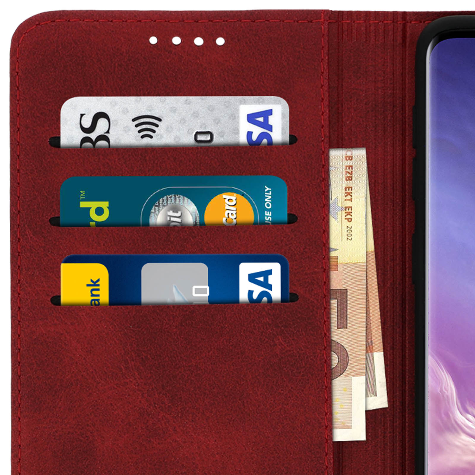 Custodia per telefono rossa aperta con carte di credito, contanti e schermo del telefono visibile.