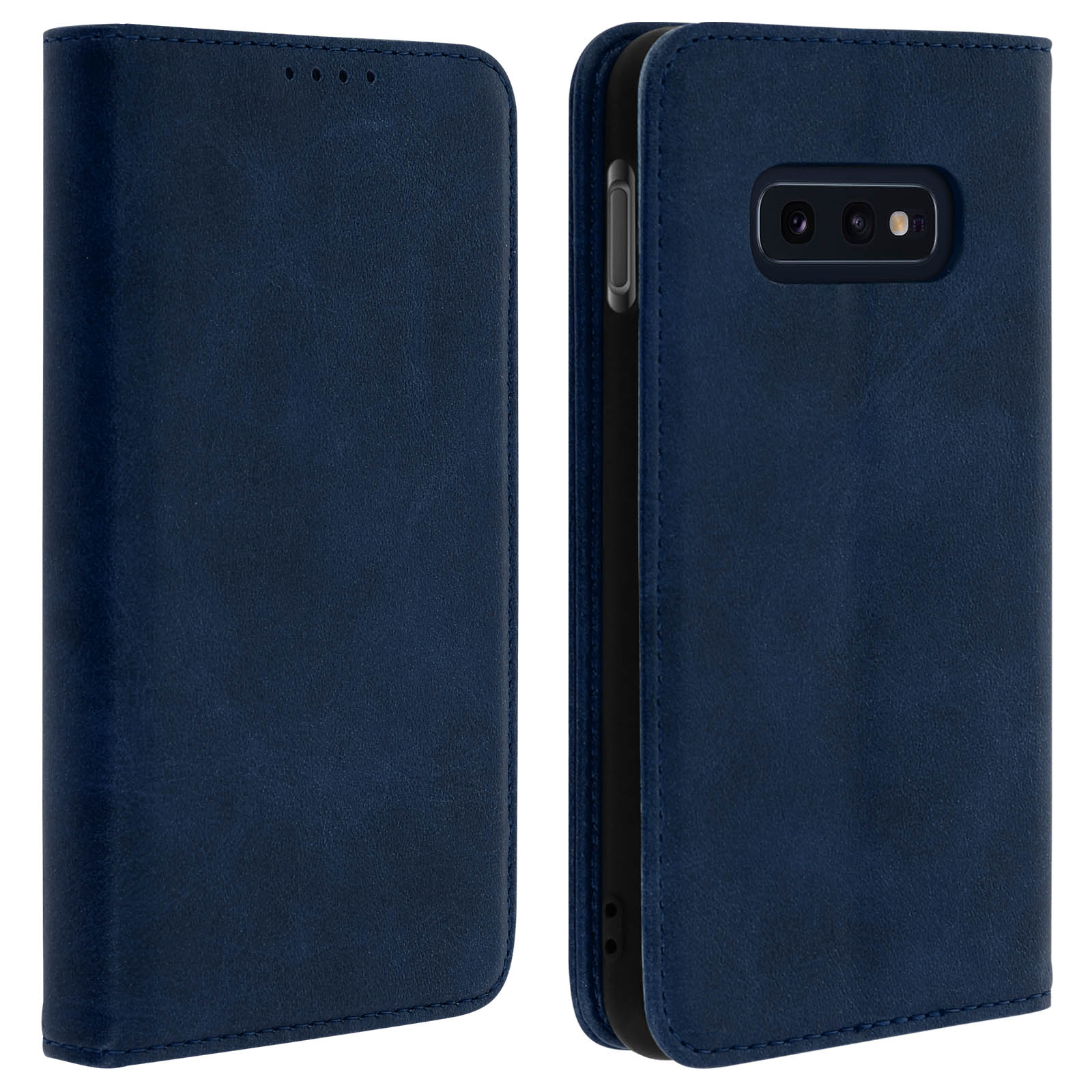 Una custodia per telefono blu scuro, aperta e chiusa. Quella chiusa mostra una texture di pelle blu.