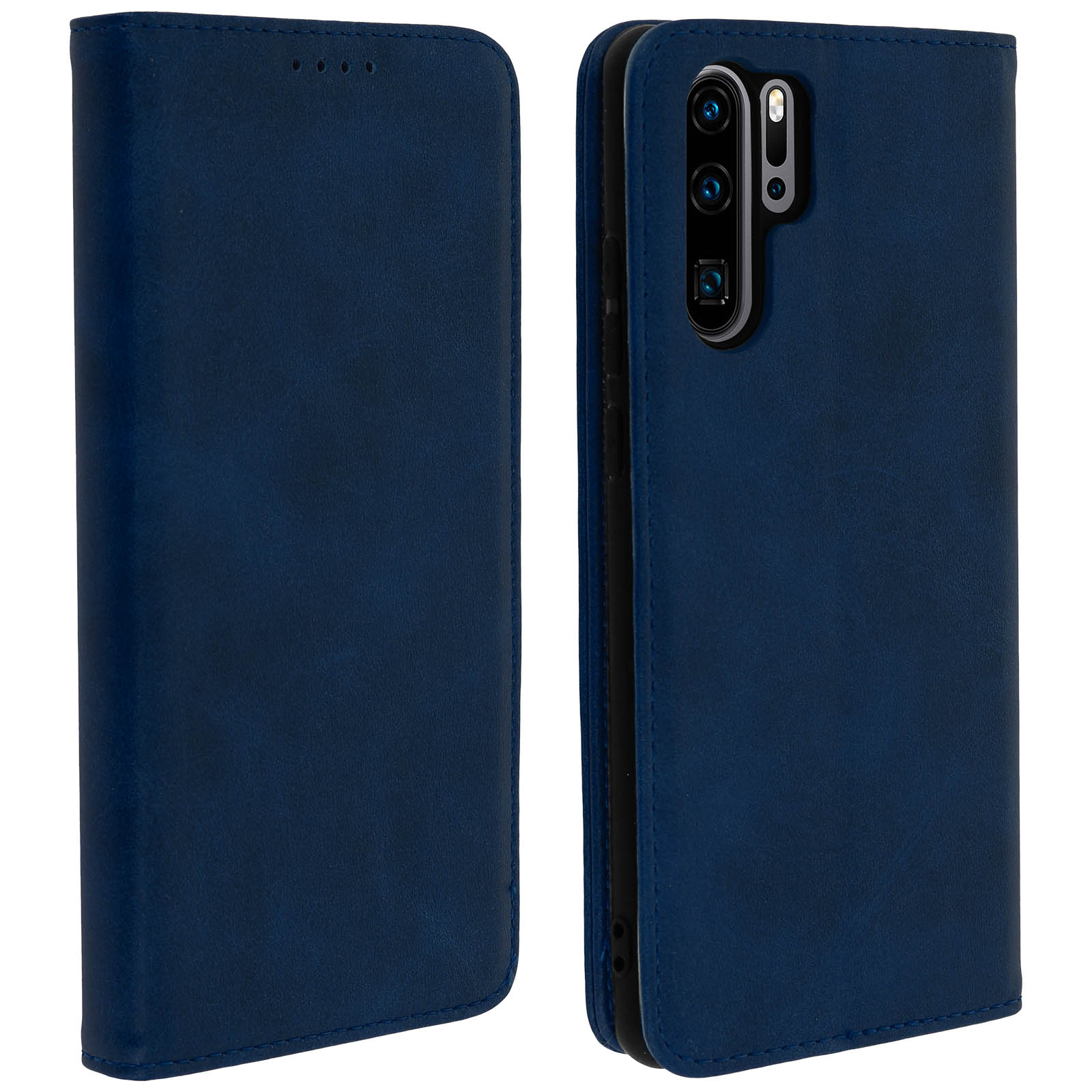 Custodia per telefono in pelle blu, chiusa e aperta. La custodia aperta mostra la fotocamera e il retro del telefono.