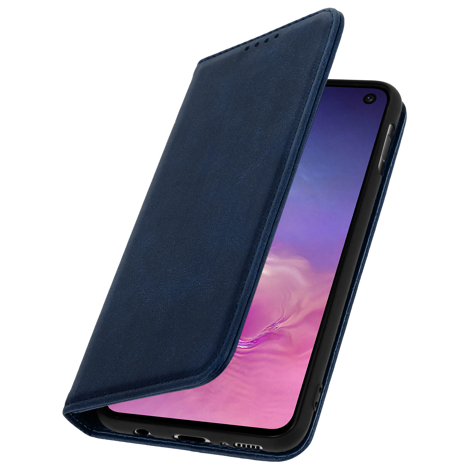 Custodia blu per telefono, aperta, che mostra lo schermo.