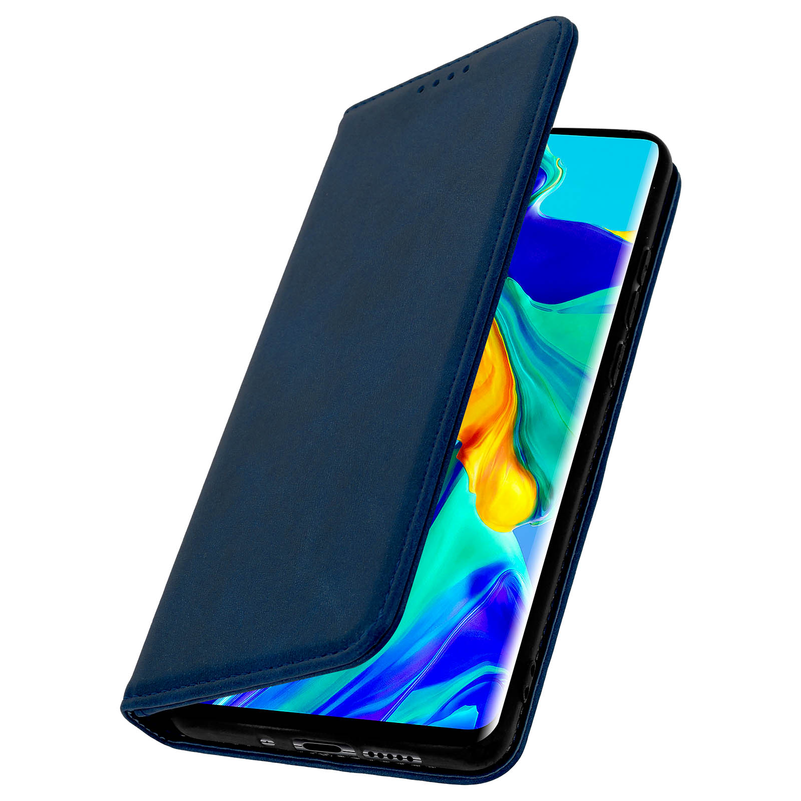 Una custodia per telefono in pelle blu aperta, che mostra lo schermo del telefono. Il telefono è nella custodia.