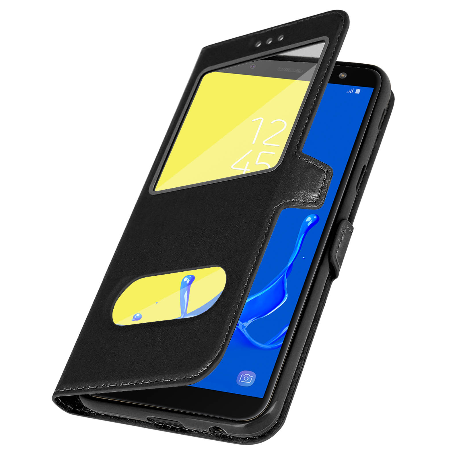 Una custodia nera per telefono con finestra gialla, che rivela lo schermo del telefono che mostra l'ora e le app.