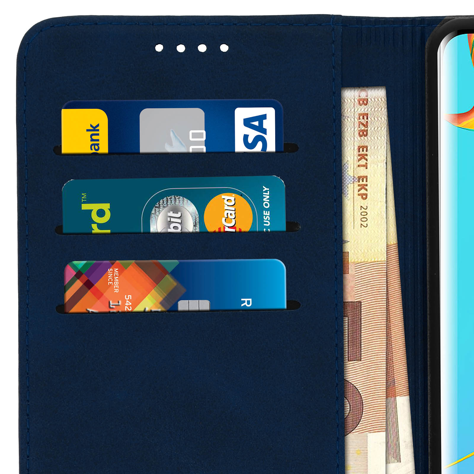 Una custodia blu scuro, aperta per mostrare gli slot per schede con varie carte di credito e banconote.