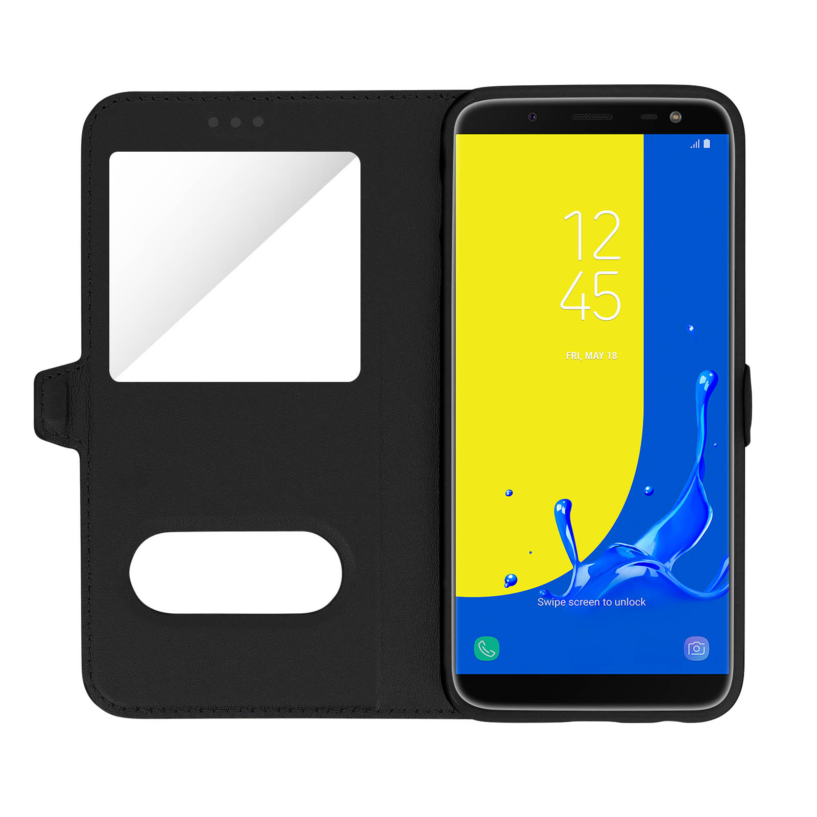 Custodia nera per telefono aperta, mostra un telefono con schermo giallo e blu. Sono le 12:45.