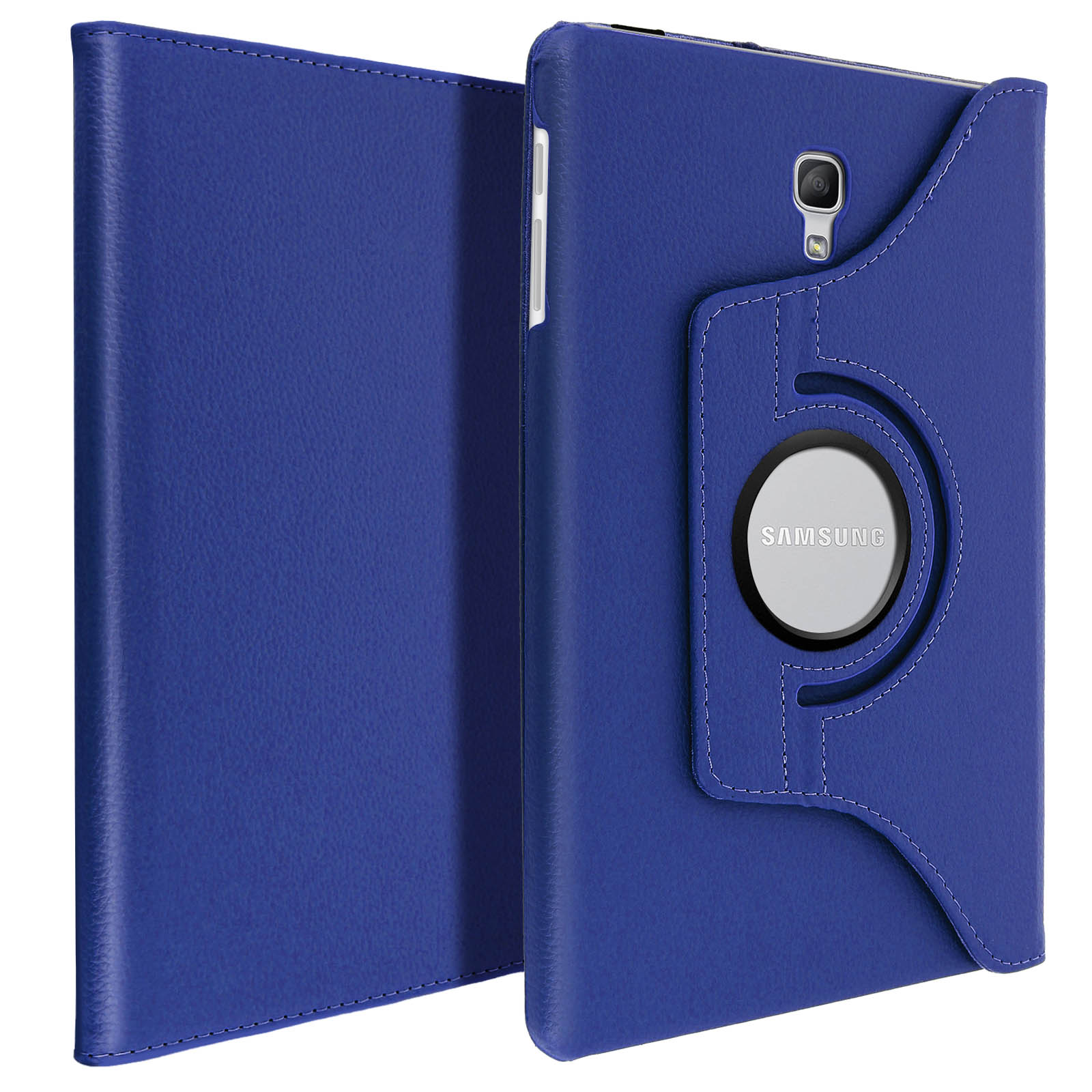Custodia blu per tablet. Tablet in un supporto girevole. Materiale simile alla pelle. Logo Samsung visibile.