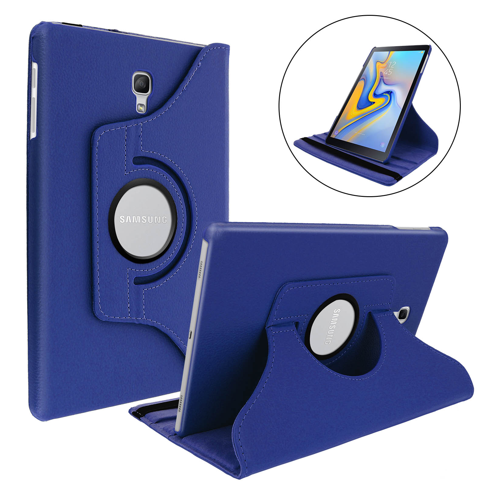 Custodia blu per tablet con supporto girevole. Il tablet mostra un'immagine nel supporto.