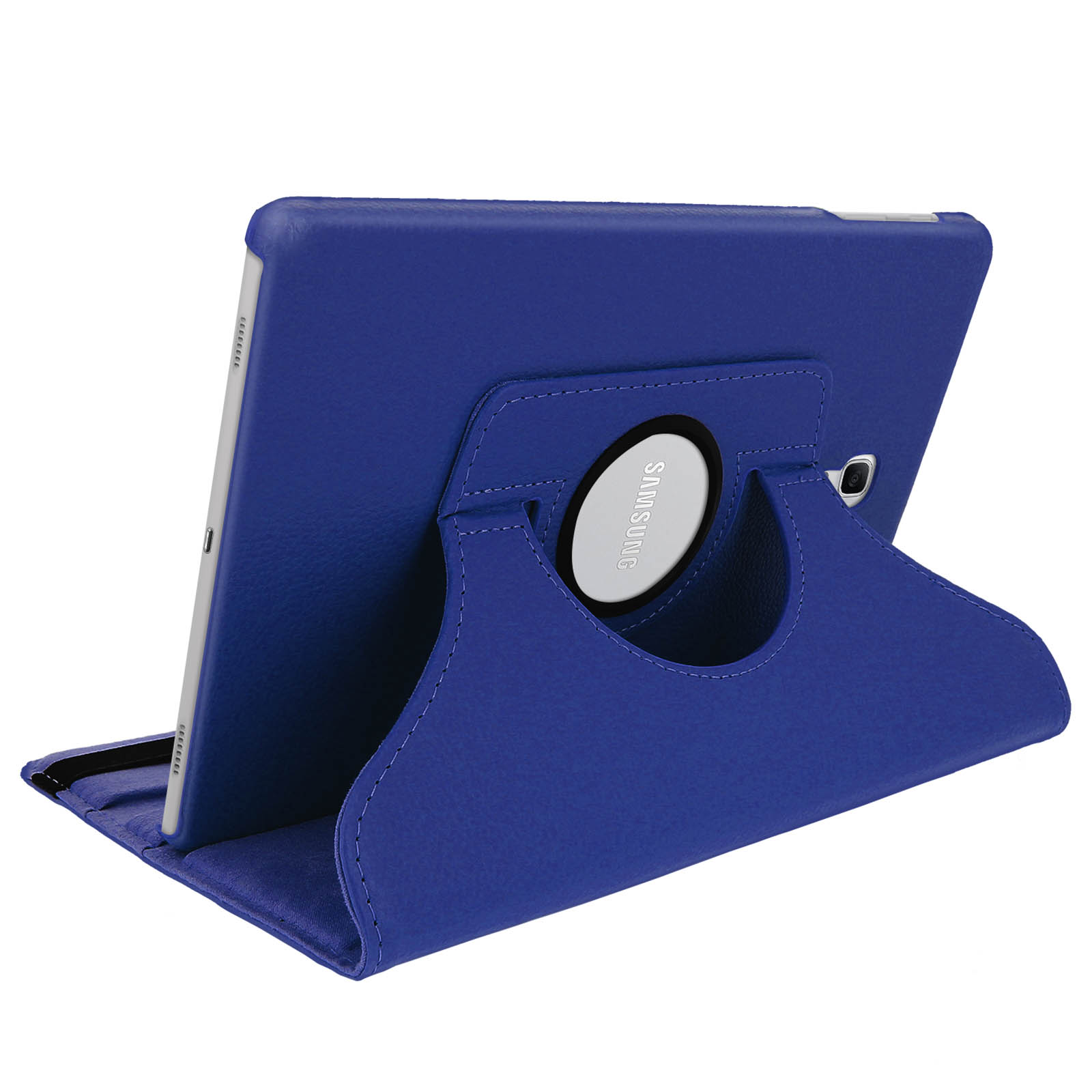 Custodia blu per tablet, che supporta un tablet. Il tablet è sul supporto, retro visibile.