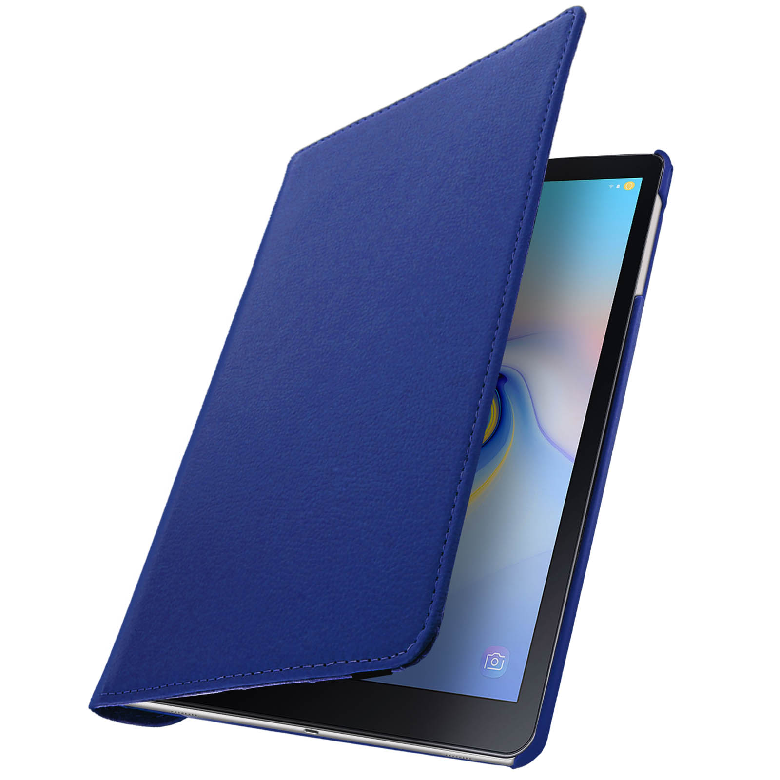 Custodia blu per tablet con coperchio aperto, che rivela lo schermo. La custodia è su sfondo bianco.