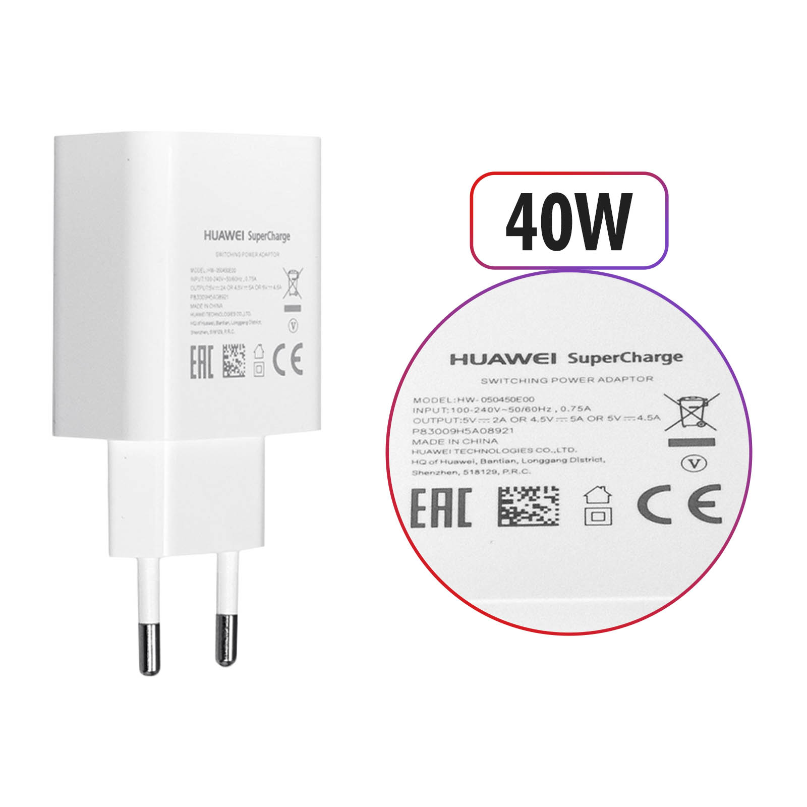 Un adaptateur Huawei SuperCharge blanc avec un indicateur de 40W.