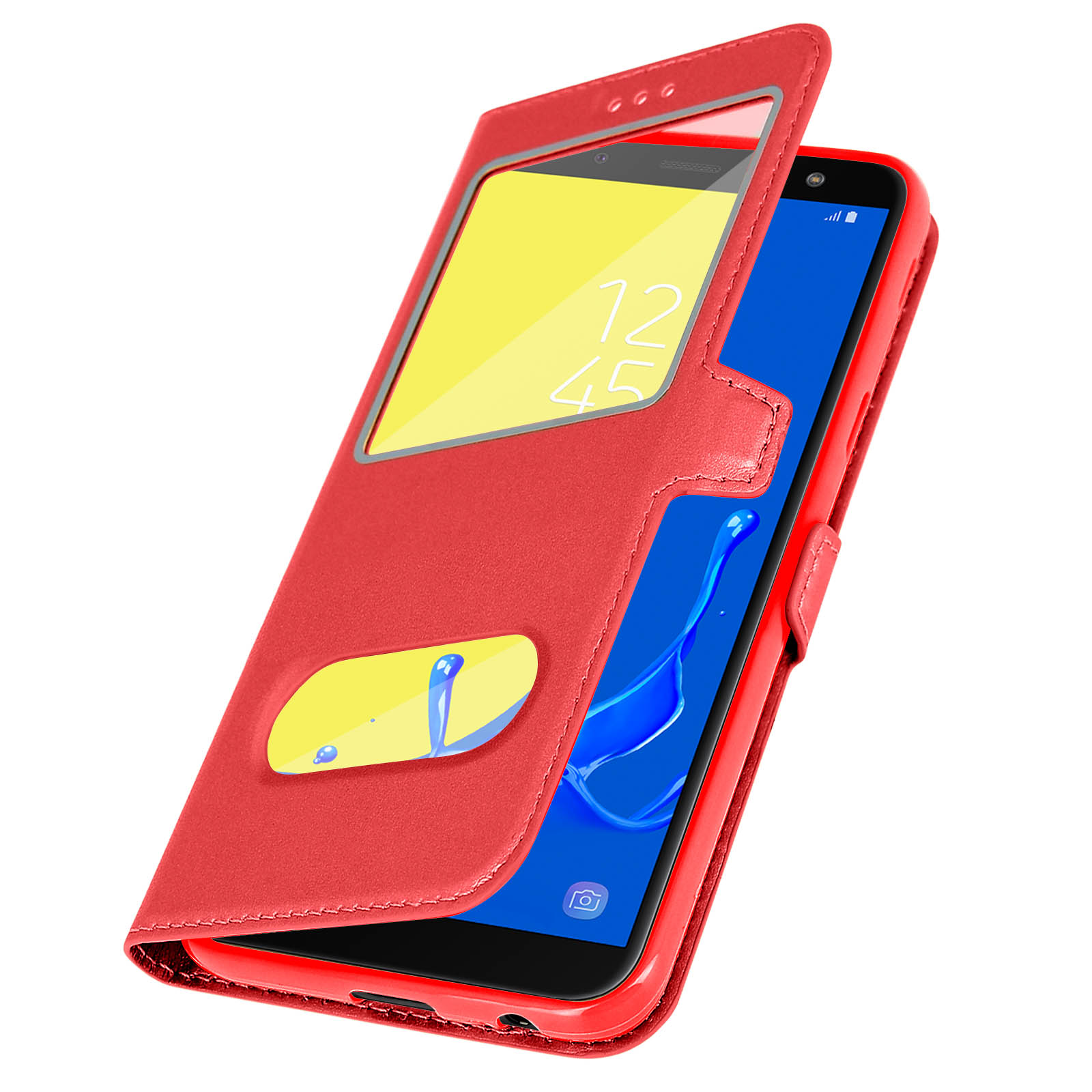 Una custodia per telefono rossa con una finestra sullo schermo è aperta, rivelando il display di un telefono. Un rettangolo giallo è visibile.
