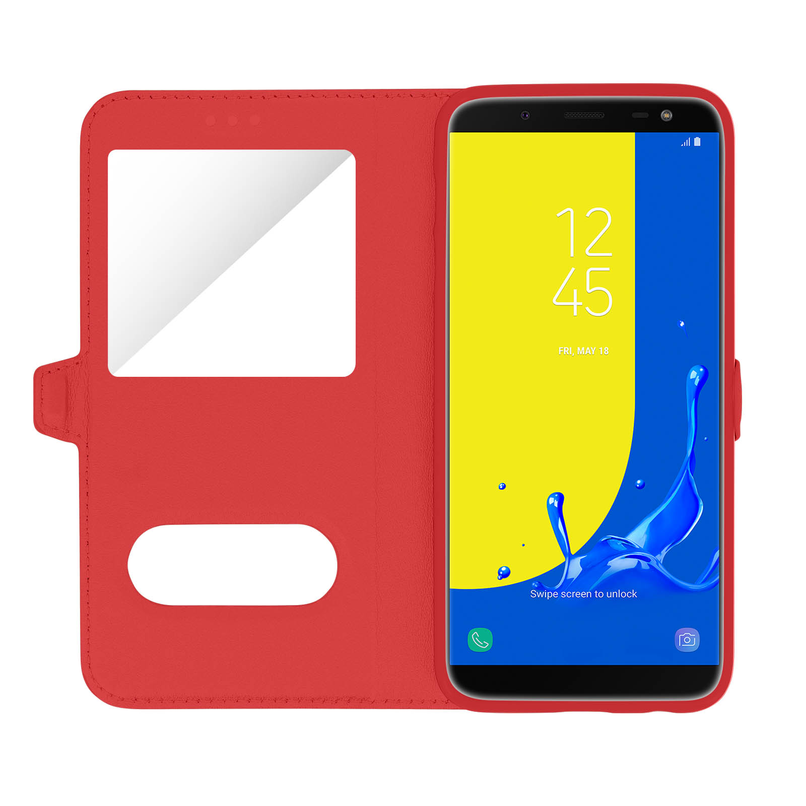 Custodia rossa aperta, che mostra un telefono con schermo giallo e blu. Mostra l'ora e la data.