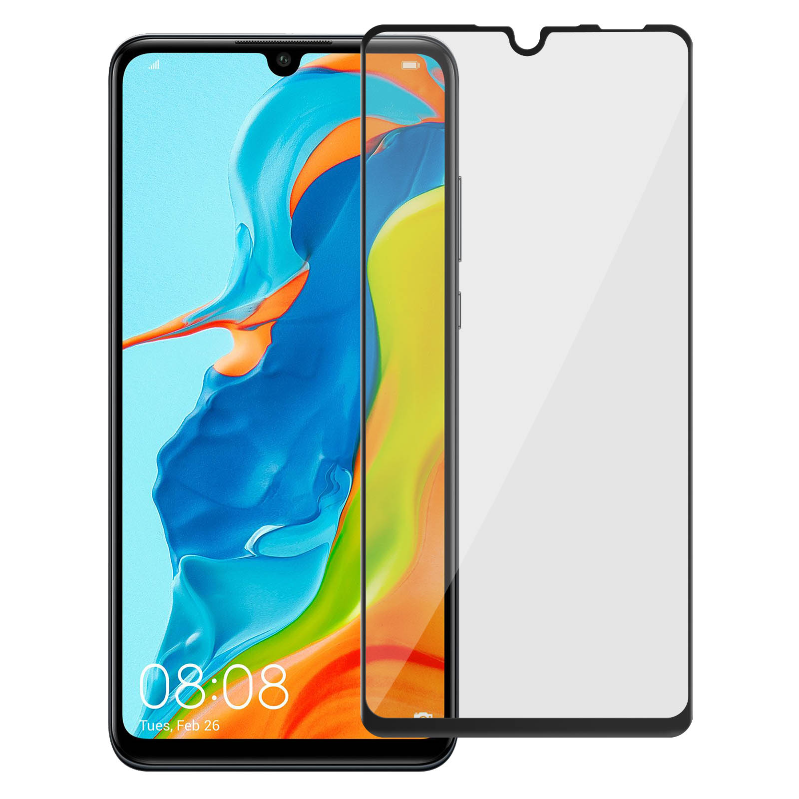 Smartphone con protezione schermo. Lo schermo mostra la data e l'ora. Lo sfondo è bianco.