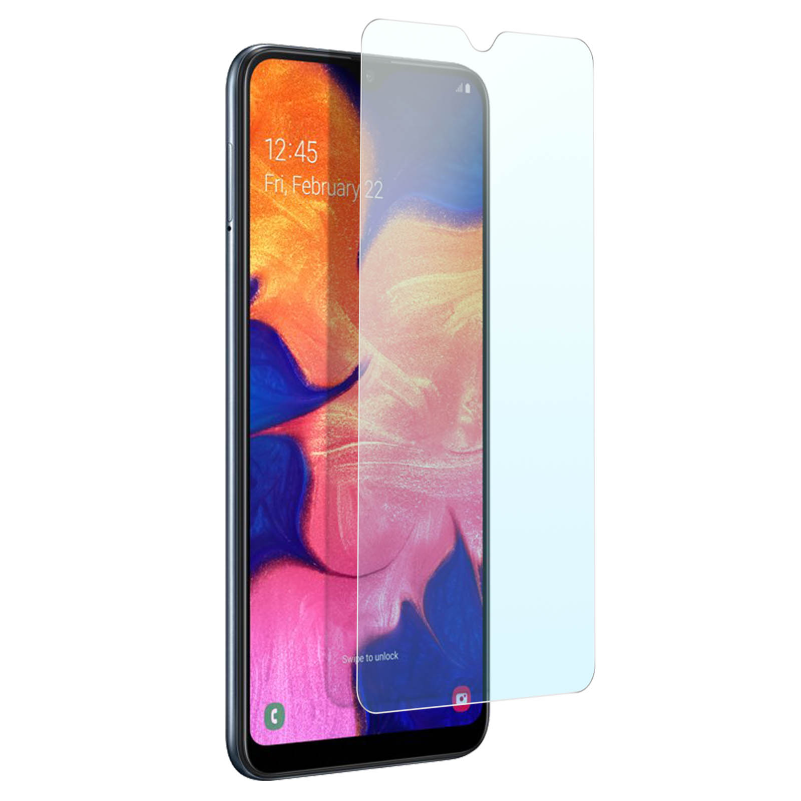 Een telefoon met een schermbeschermer. Het scherm toont de tijd en datum. Rechts een doorzichtige beschermer.