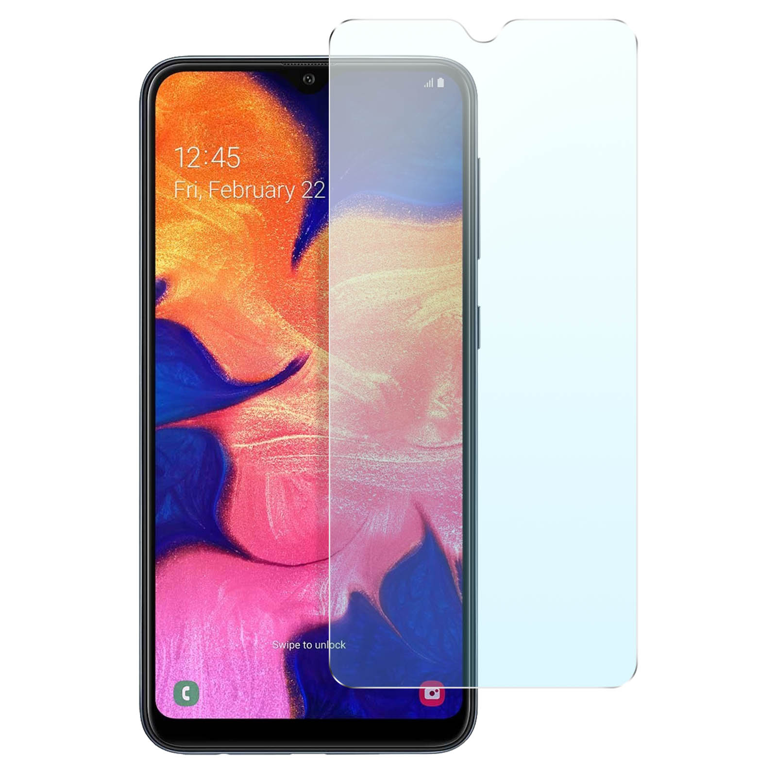 Een telefoon met een schermbeschermer. Het scherm toont de tijd en datum.